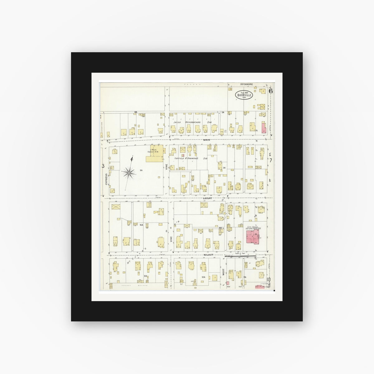 Old map wall art mockup — black gallery frame with white mat — Sanborn Fire Insurance Map from Boonville, Warrick County, Indiana (1907), Sheet #0006