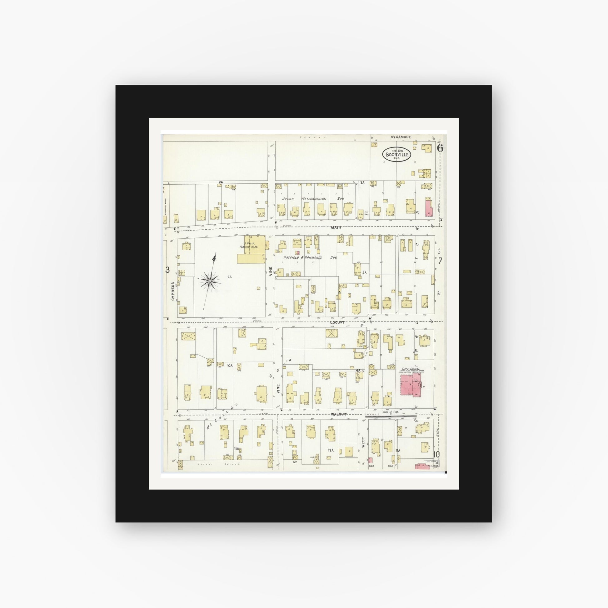 Old map wall art mockup — black gallery frame with white mat — Sanborn Fire Insurance Map from Boonville, Warrick County, Indiana (1907), Sheet #0006