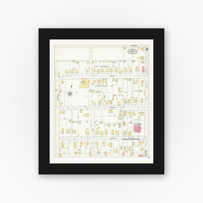 Old map wall art mockup — black gallery frame with white mat — Sanborn Fire Insurance Map from Boonville, Warrick County, Indiana (1907), Sheet #0006