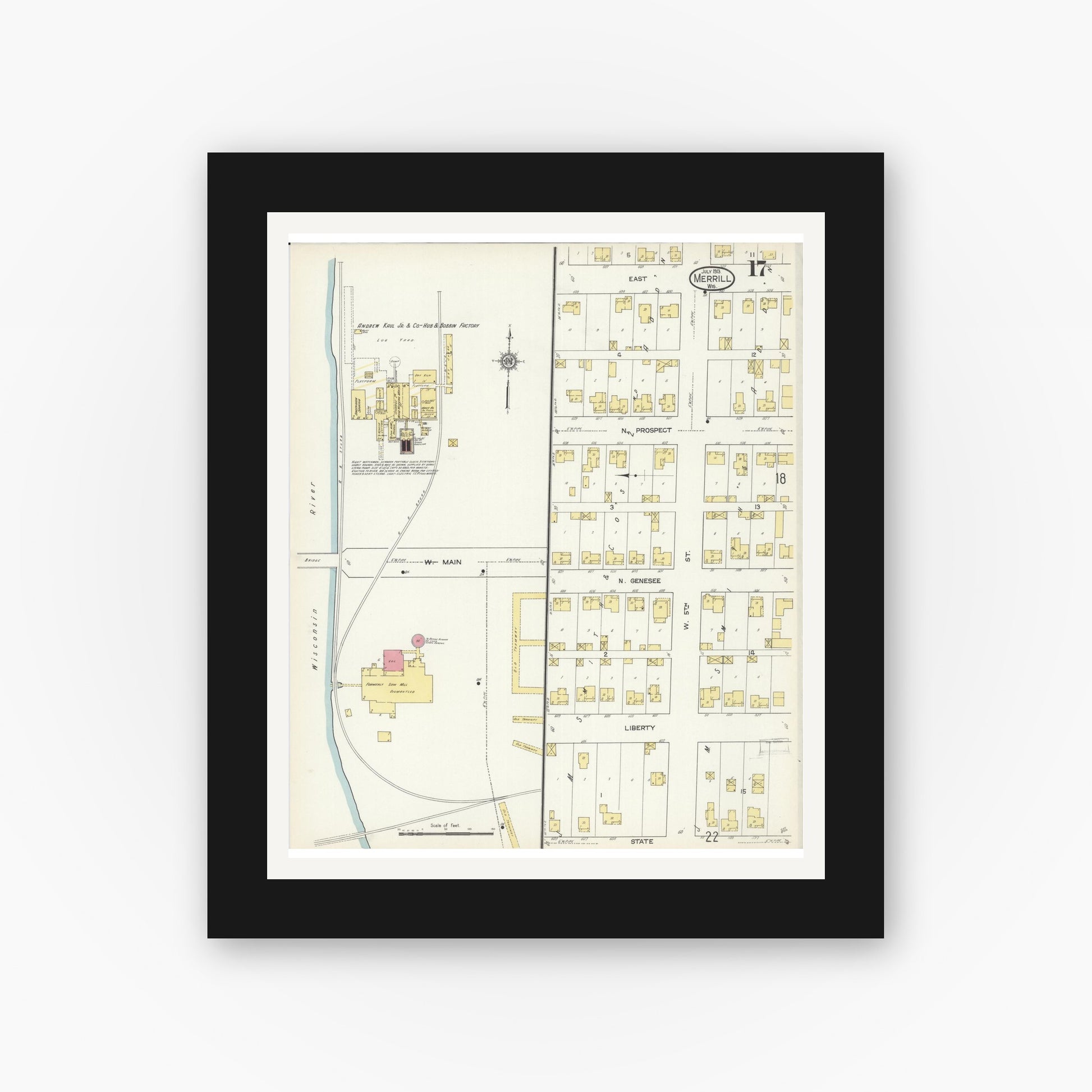 Old map wall art mockup — black gallery frame with white mat — Sanborn Fire Insurance Map from Merrill, Lincoln County, Wisconsin (1913), Sheet #0017