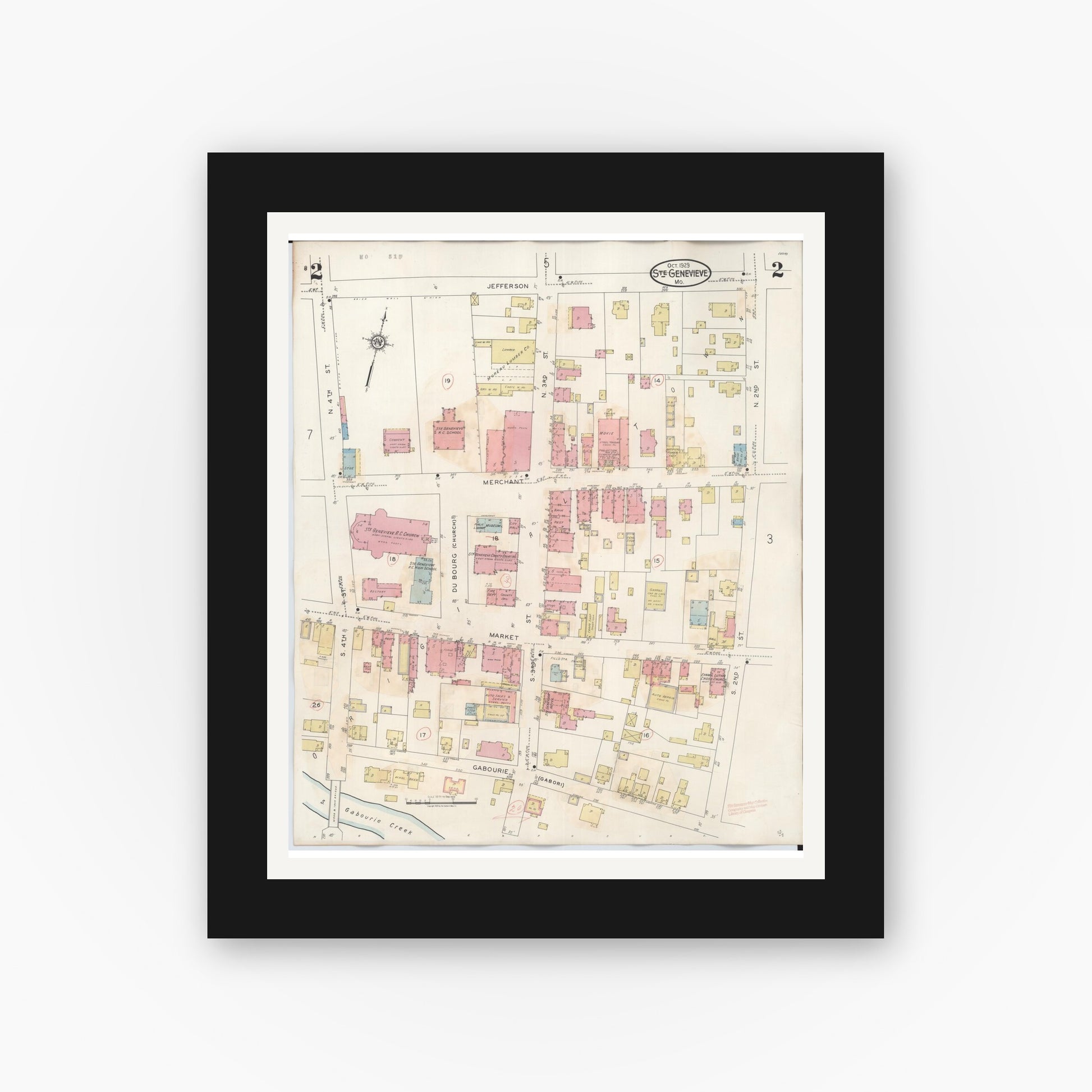 Old map wall art mockup — black gallery frame with white mat — Sanborn Fire Insurance Map from Sainte Genevieve, Saint Genevieve County, Missouri (1945), Sheet #0002