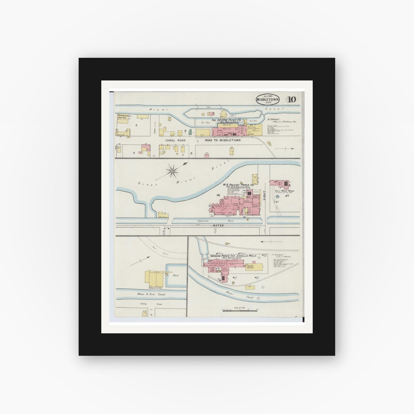 Old map wall art mockup — black gallery frame with white mat — Sanborn Fire Insurance Map from Middletown, Butler County, Ohio (1895), Sheet #0010
