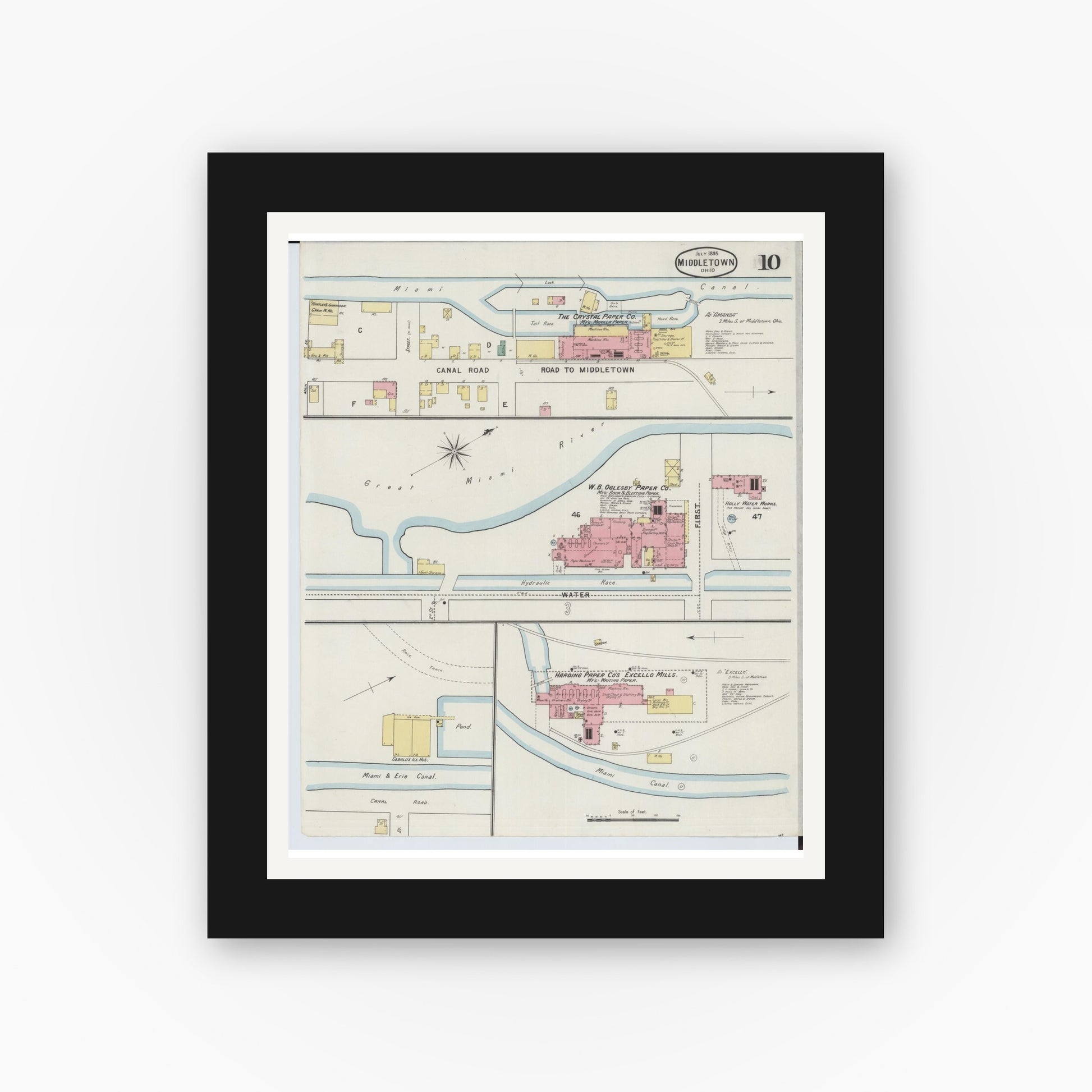 Old map wall art mockup — black gallery frame with white mat — Sanborn Fire Insurance Map from Middletown, Butler County, Ohio (1895), Sheet #0010
