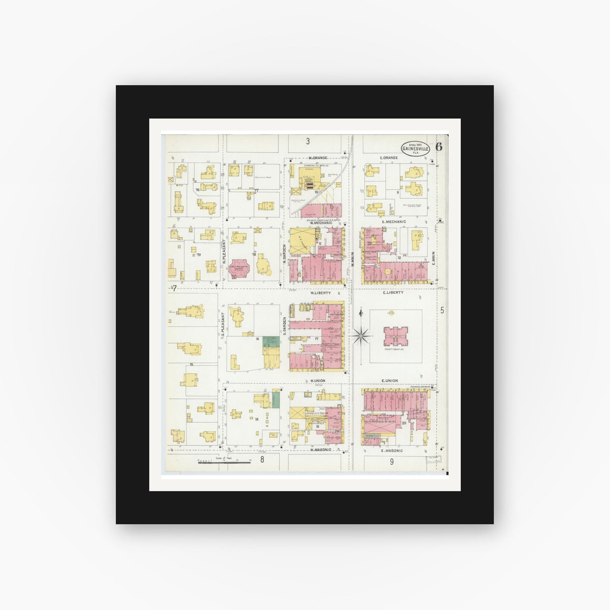 Old map wall art mockup — black gallery frame with white mat — Sanborn Fire Insurance Map from Gainesville, Alachua County, Florida (1903), Sheet #0006