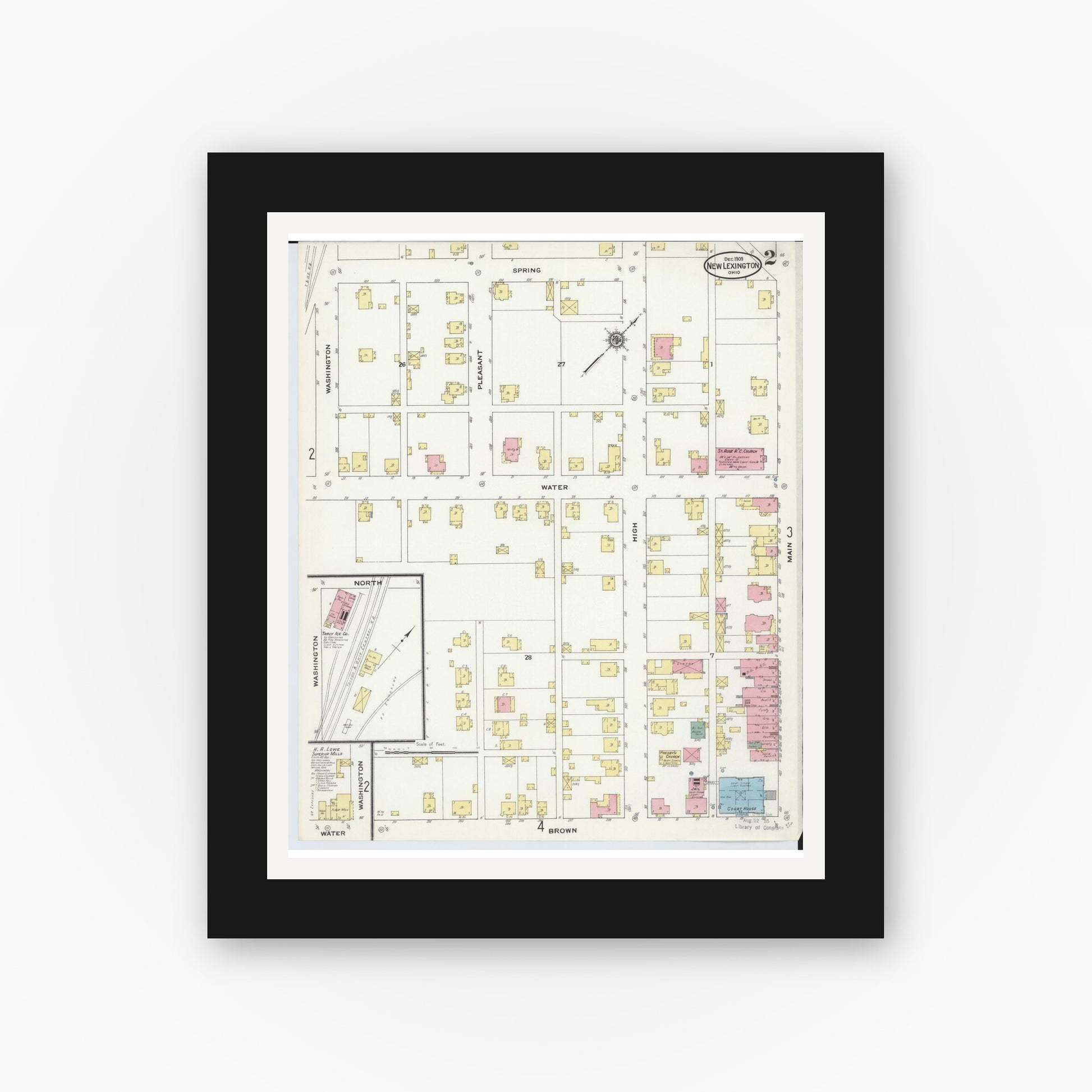 Old map wall art mockup — black gallery frame with white mat — Sanborn Fire Insurance Map from New Lexington, Perry County, Ohio (1909), Sheet #0002