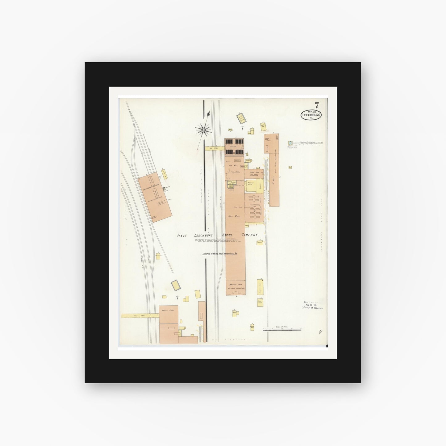 Old map wall art mockup — black gallery frame with white mat — Sanborn Fire Insurance Map from Leechburg, Armstrong County, Pennsylvania (1909), Sheet #0007