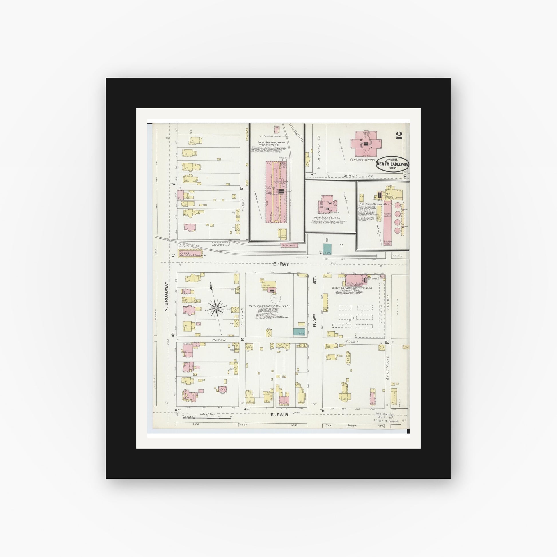 Old map wall art mockup — black gallery frame with white mat — Sanborn Fire Insurance Map from New Philadelphia, Tuscarawas County, Ohio (1892), Sheet #0002