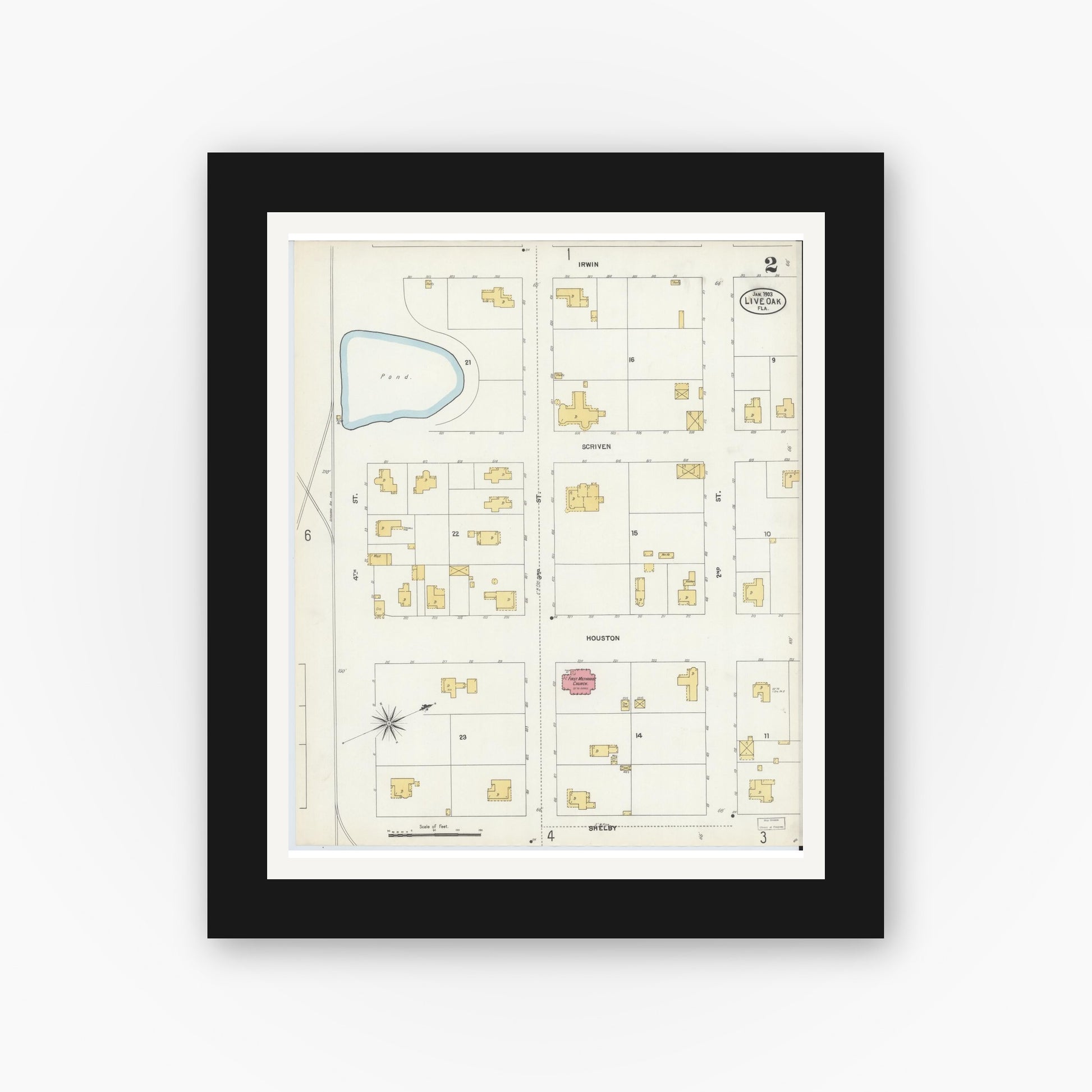 Old map wall art mockup — black gallery frame with white mat — Sanborn Fire Insurance Map from Live Oak, Suwanee County, Florida (1903), Sheet #0002