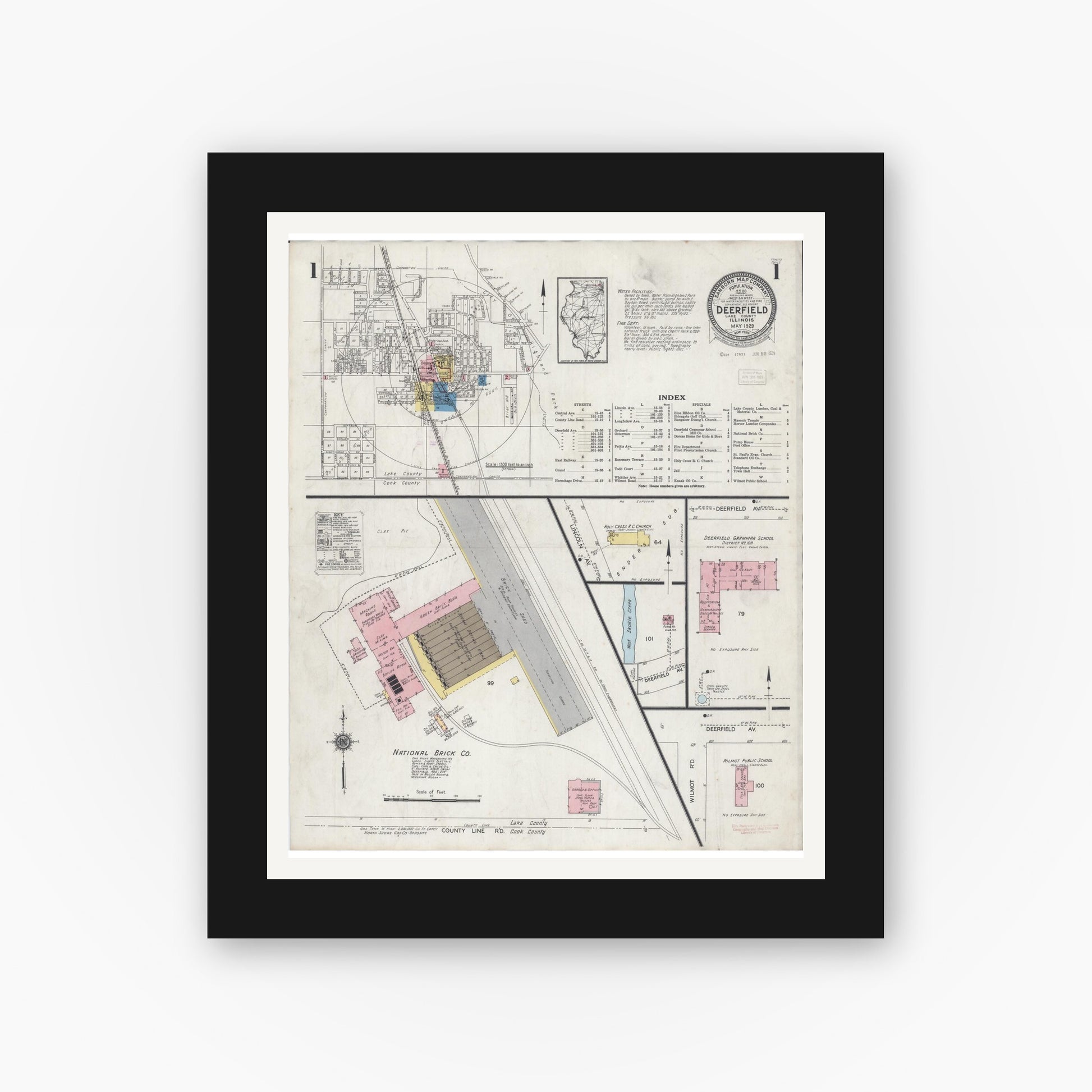 Old map wall art mockup — black gallery frame with white mat — Sanborn Fire Insurance Map from Deerfield, Lake County, Illinois (1929), Sheet #0001