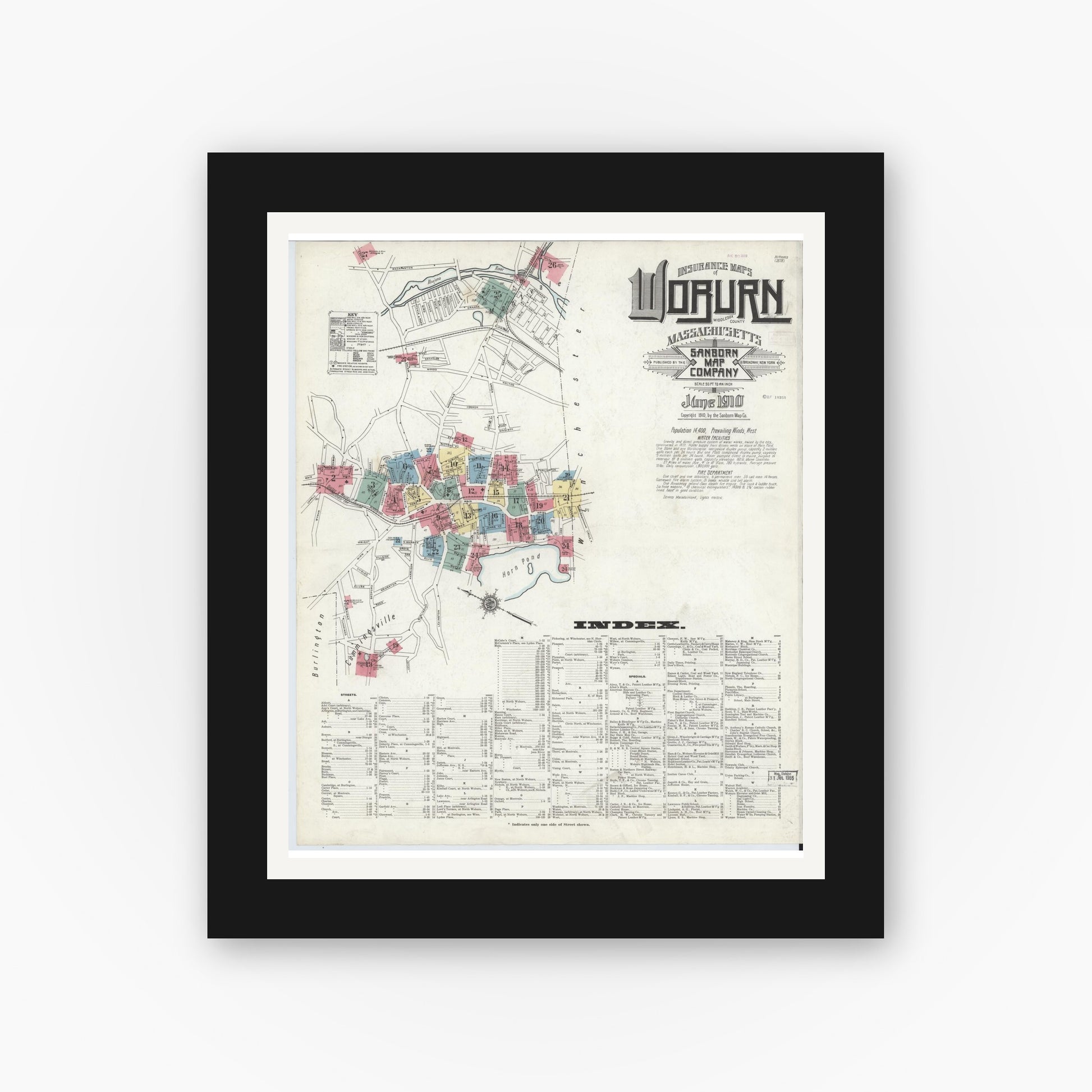 Old map wall art mockup — black gallery frame with white mat — Sanborn Fire Insurance Map from Woburn, Middlesex County, Massachusetts (1910), Sheet #0001