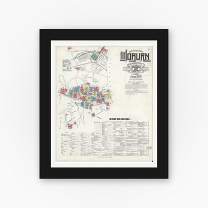 Old map wall art mockup — black gallery frame with white mat — Sanborn Fire Insurance Map from Woburn, Middlesex County, Massachusetts (1910), Sheet #0001