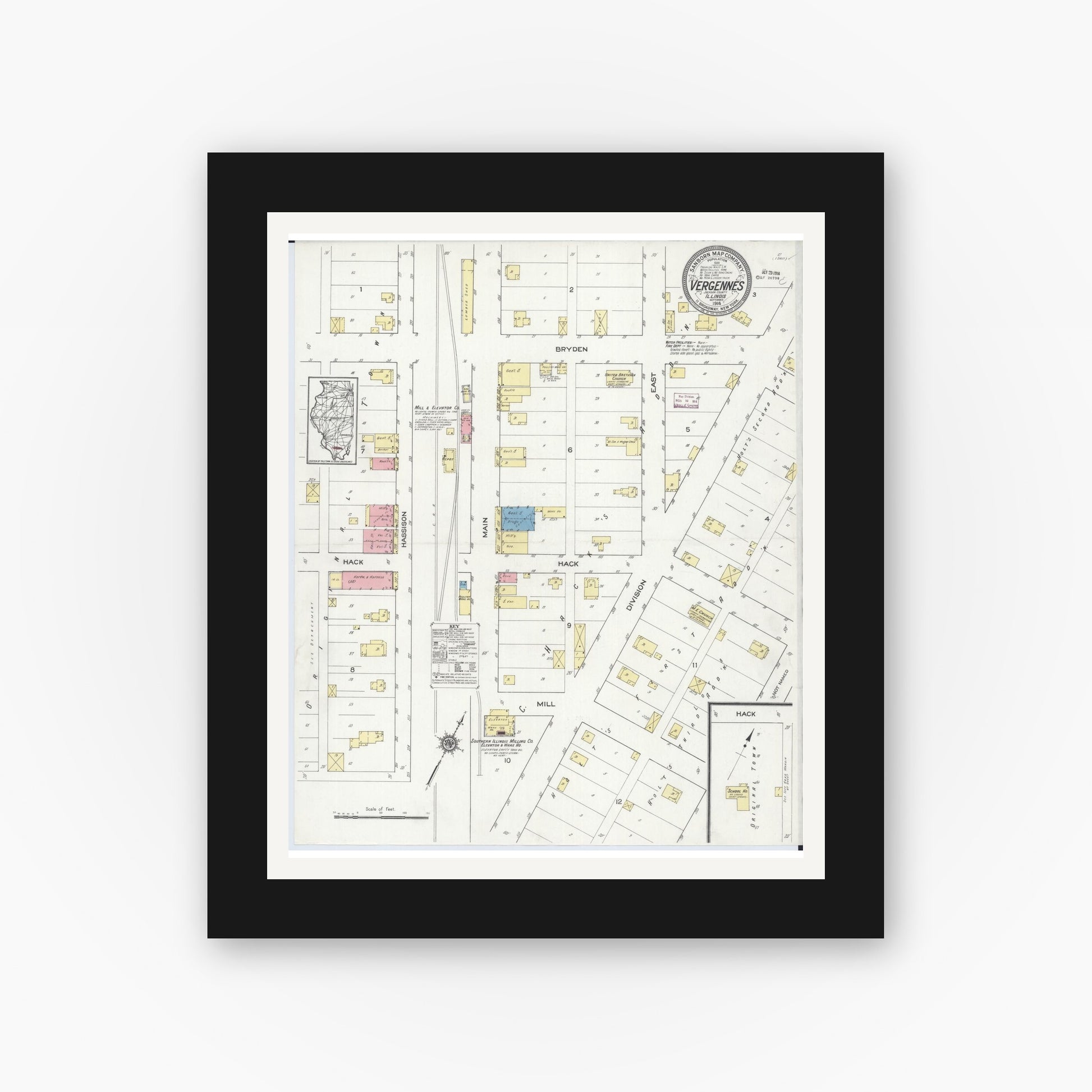 Old map wall art mockup — black gallery frame with white mat — Sanborn Fire Insurance Map from Vergennes, Jackson County, Illinois (1914), Sheet #0001