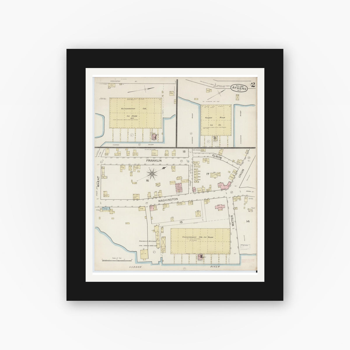 Old map wall art mockup — black gallery frame with white mat — Sanborn Fire Insurance Map from Athens, Greene County, New York (1886), Sheet #0002