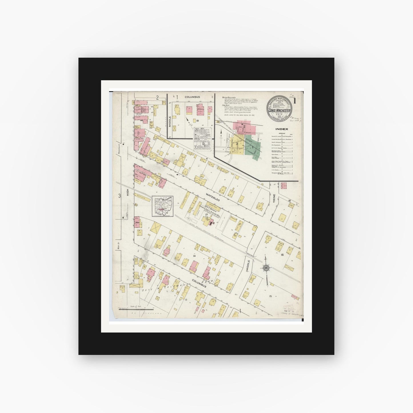 Old map wall art mockup — black gallery frame with white mat — Sanborn Fire Insurance Map from Canal Winchester, Franklin County, Ohio (1915), Sheet #0001