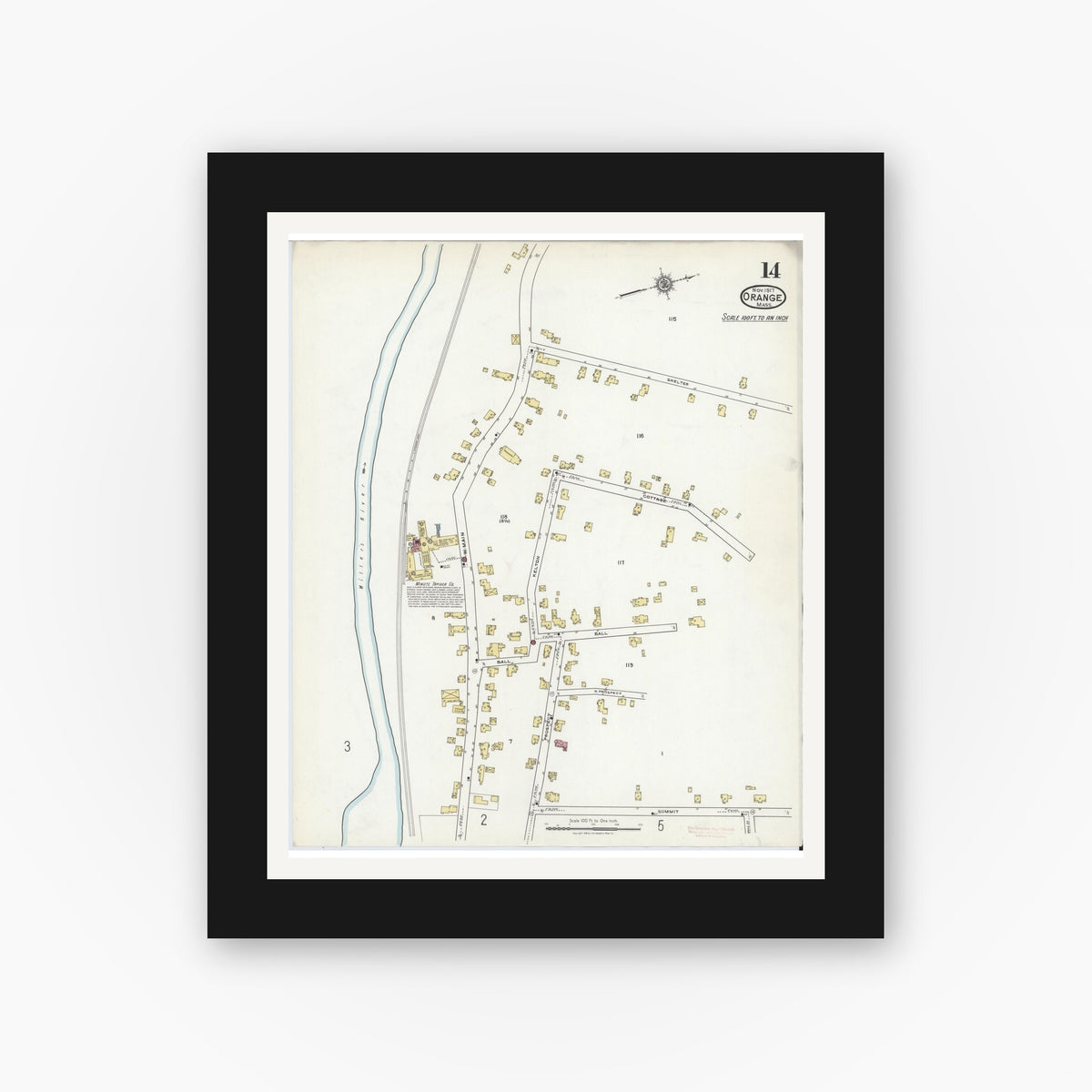 Old map wall art mockup — black gallery frame with white mat — Sanborn Fire Insurance Map from Orange, Franklin County, Massachusetts (1917), Sheet #0014