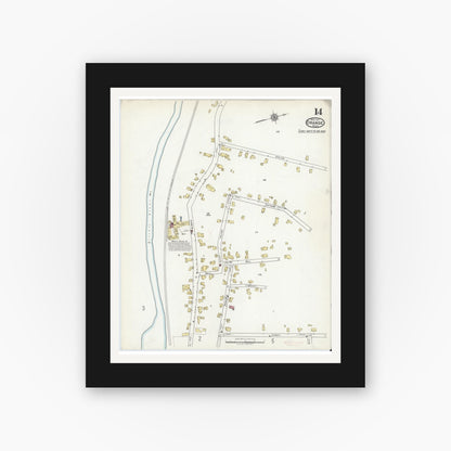 Old map wall art mockup — black gallery frame with white mat — Sanborn Fire Insurance Map from Orange, Franklin County, Massachusetts (1917), Sheet #0014