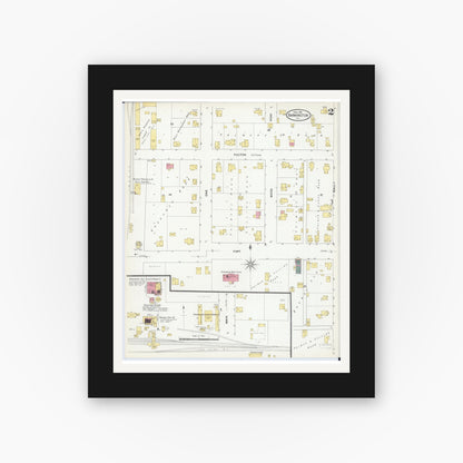 Old map wall art mockup — black gallery frame with white mat — Sanborn Fire Insurance Map from Farmington, Fulton County, Illinois (1909), Sheet #0002