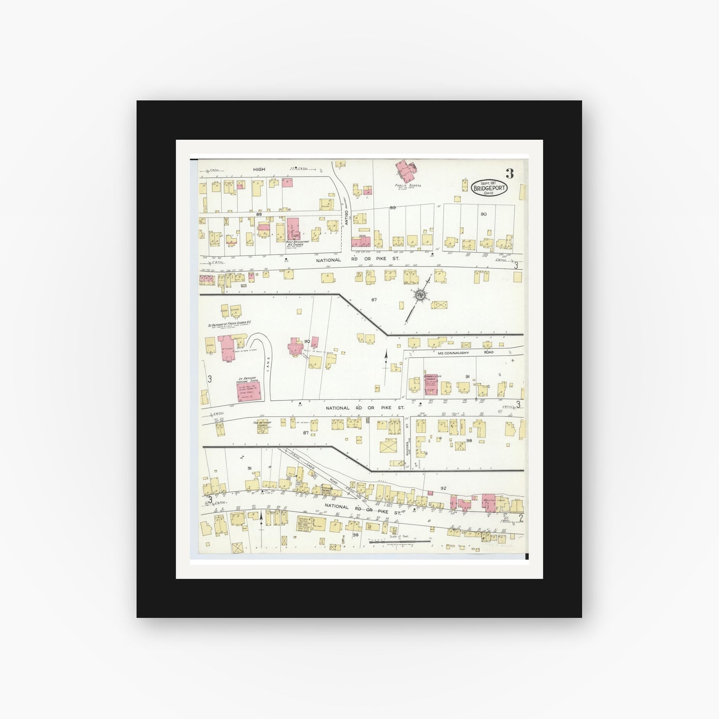 Old map wall art mockup — black gallery frame with white mat — Sanborn Fire Insurance Map from Bridgeport, Belmont County, Ohio (1917), Sheet #0003
