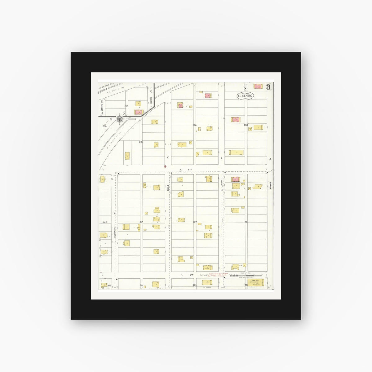 Old map wall art mockup — black gallery frame with white mat — Sanborn Fire Insurance Map from El Centro, Imperial County, California (1922), Sheet #0003