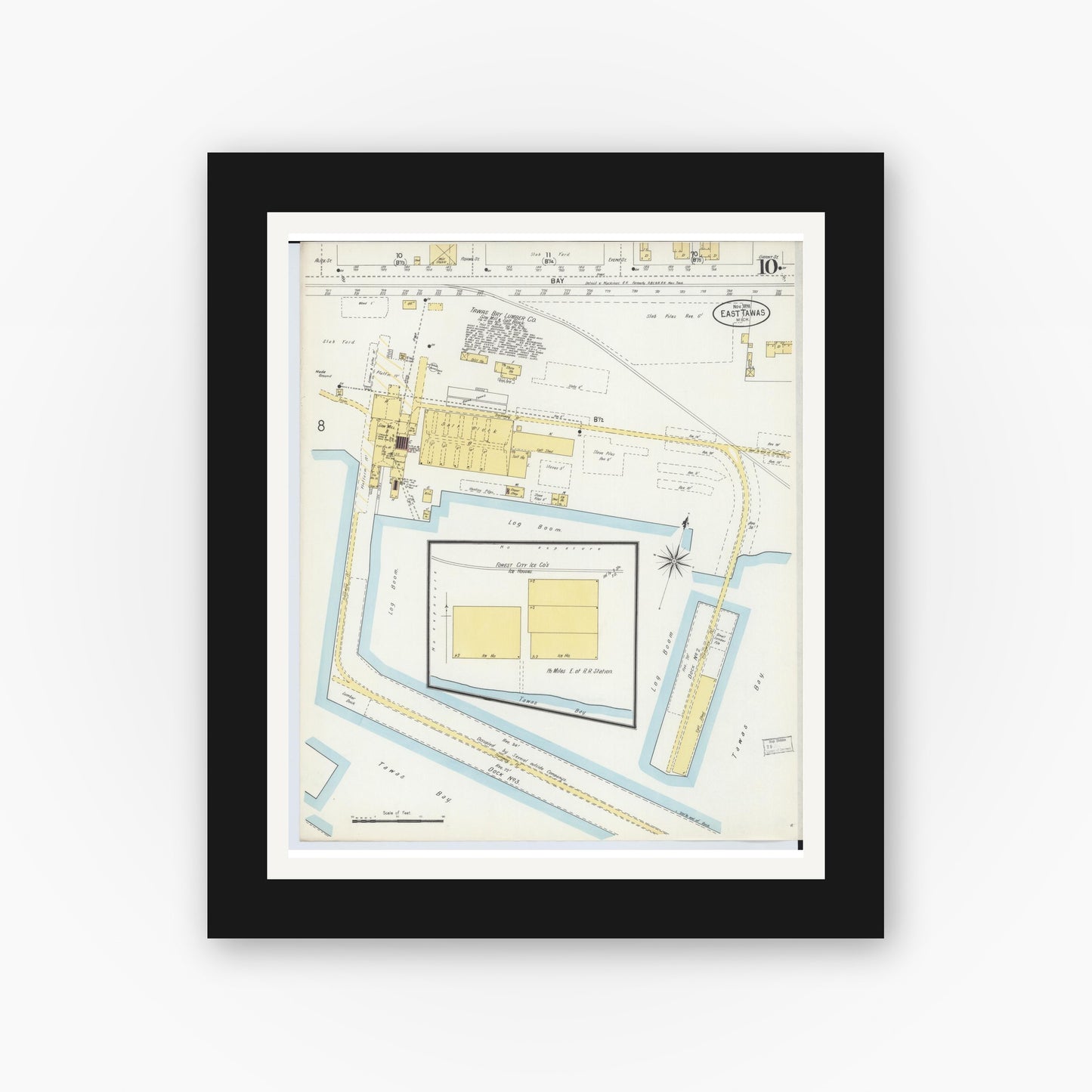 Old map wall art mockup — black gallery frame with white mat — Sanborn Fire Insurance Map from Tawas City, Iosco County, Michigan (1898), Sheet #0010
