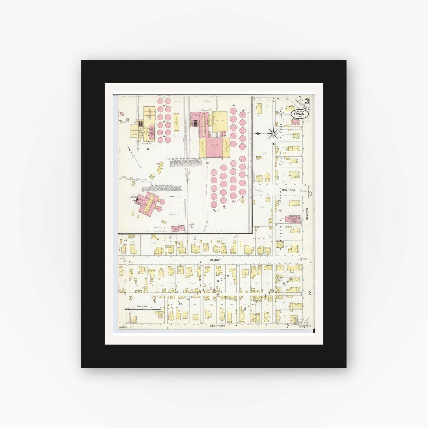 Old map wall art mockup — black gallery frame with white mat — Sanborn Fire Insurance Map from Logan, Hocking County, Ohio (1907), Sheet #0003