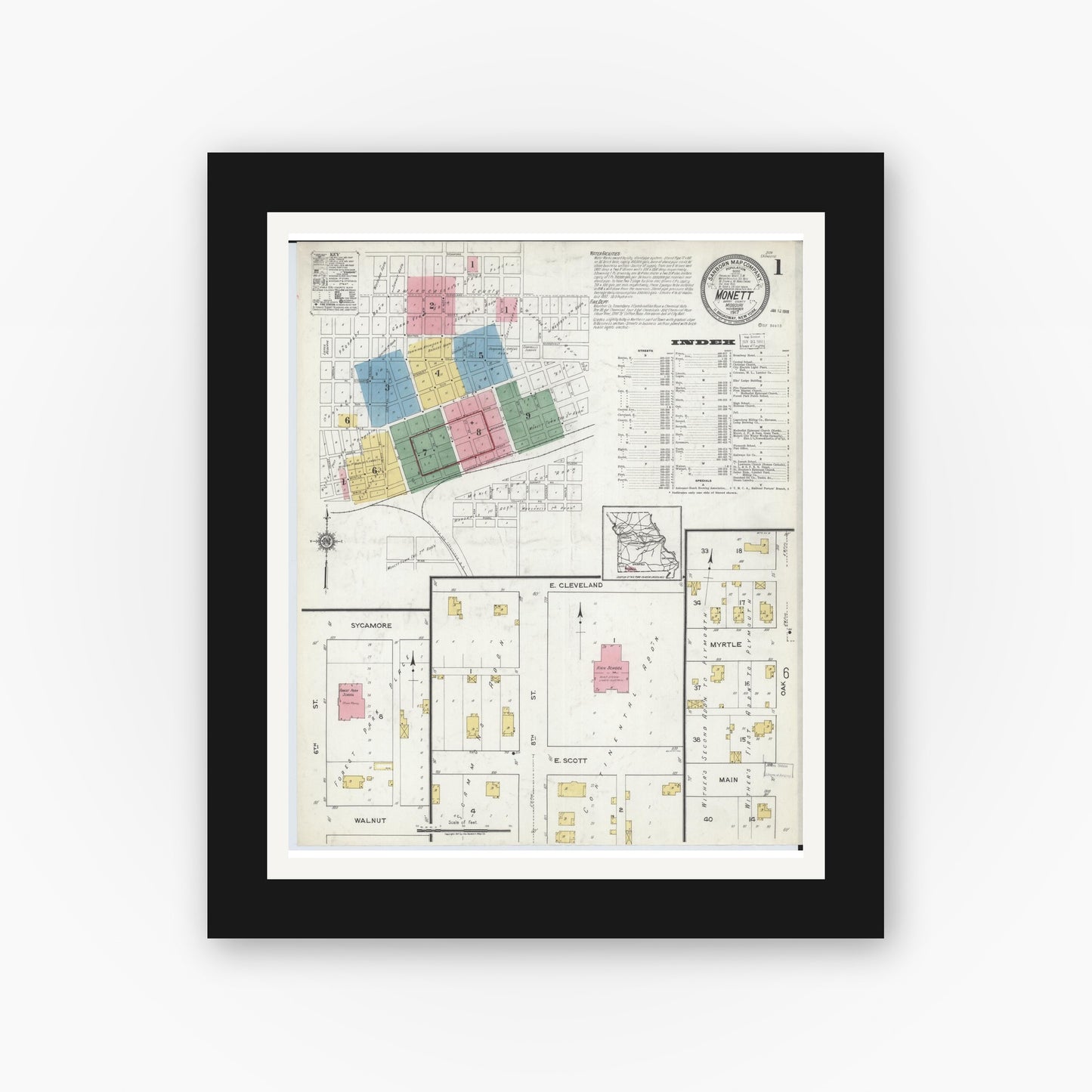 Old map wall art mockup — black gallery frame with white mat — Sanborn Fire Insurance Map from Monett, Barry County, Missouri (1917), Sheet #0001