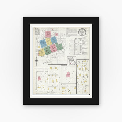 Old map wall art mockup — black gallery frame with white mat — Sanborn Fire Insurance Map from Monett, Barry County, Missouri (1917), Sheet #0001