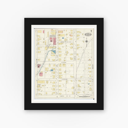 Old map wall art mockup — black gallery frame with white mat — Sanborn Fire Insurance Map from Buchanan, Berrien County, Michigan (1917), Sheet #0007