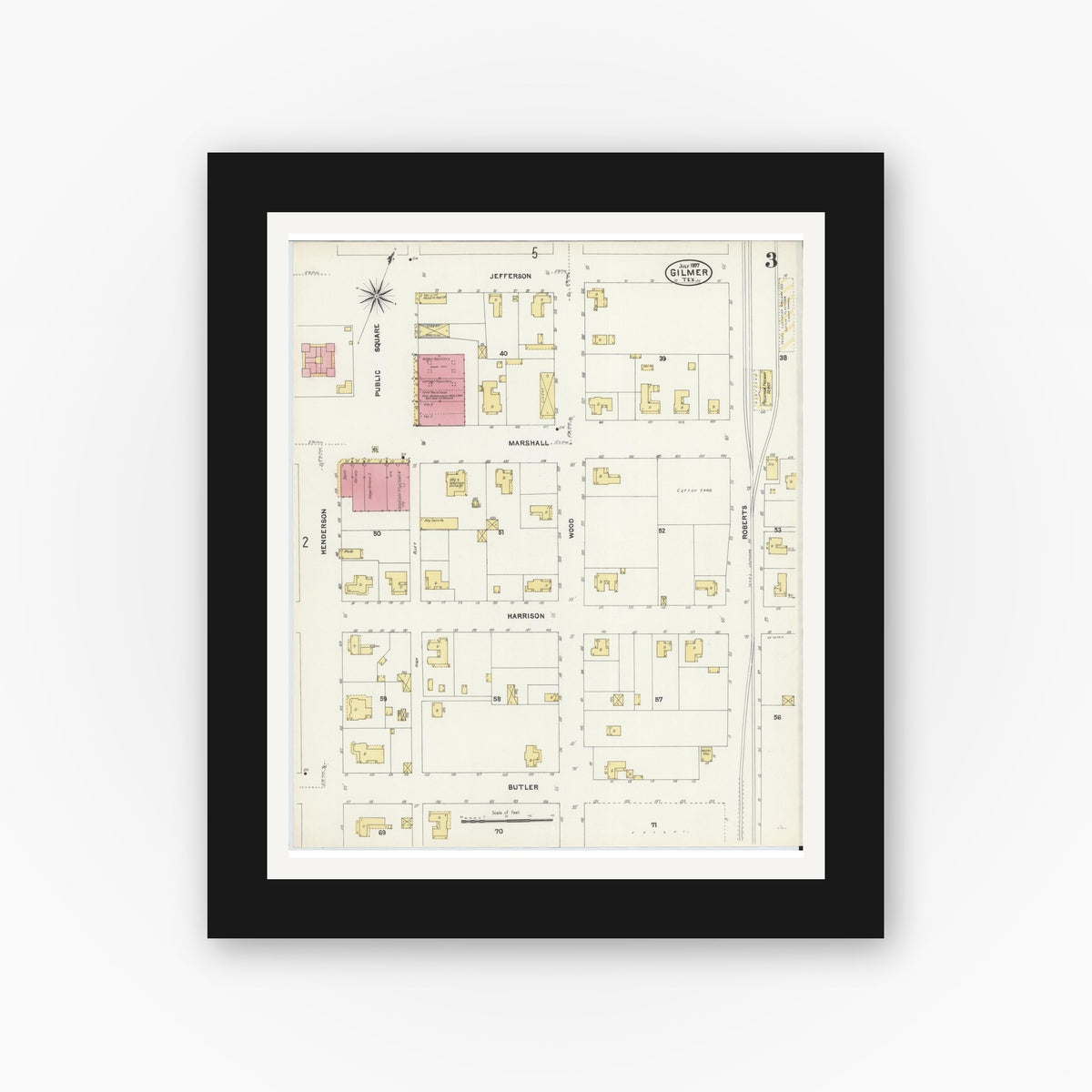 Old map wall art mockup — black gallery frame with white mat — Sanborn Fire Insurance Map from Gilmer, Upshur County, Texas (1907), Sheet #0003