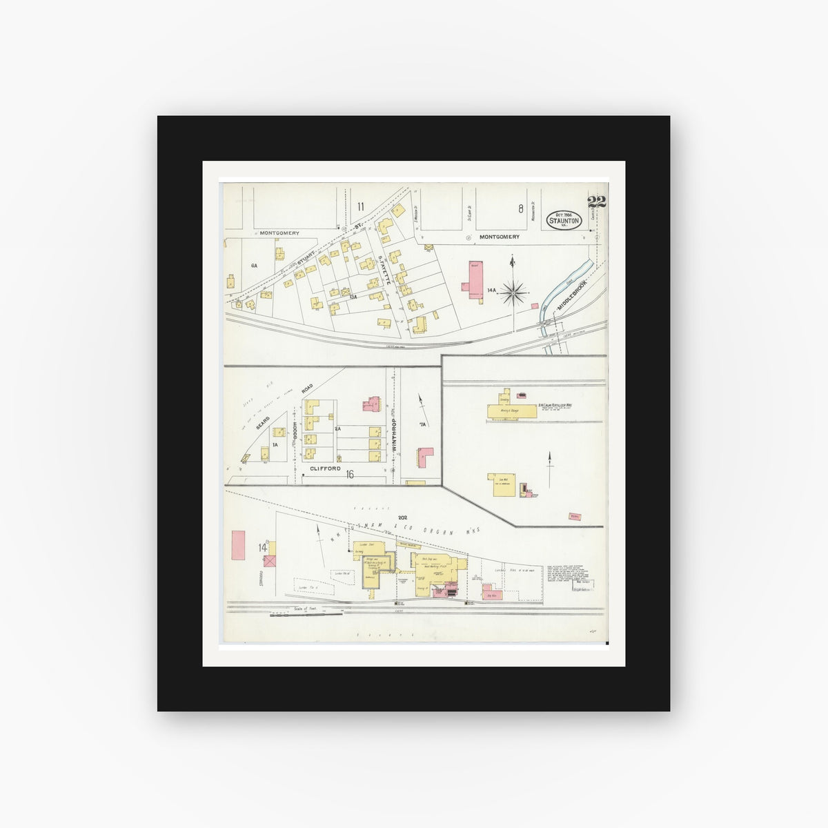 Old map wall art mockup — black gallery frame with white mat — Sanborn Fire Insurance Map from Staunton, Independent Cities, Virginia (1904), Sheet #0022