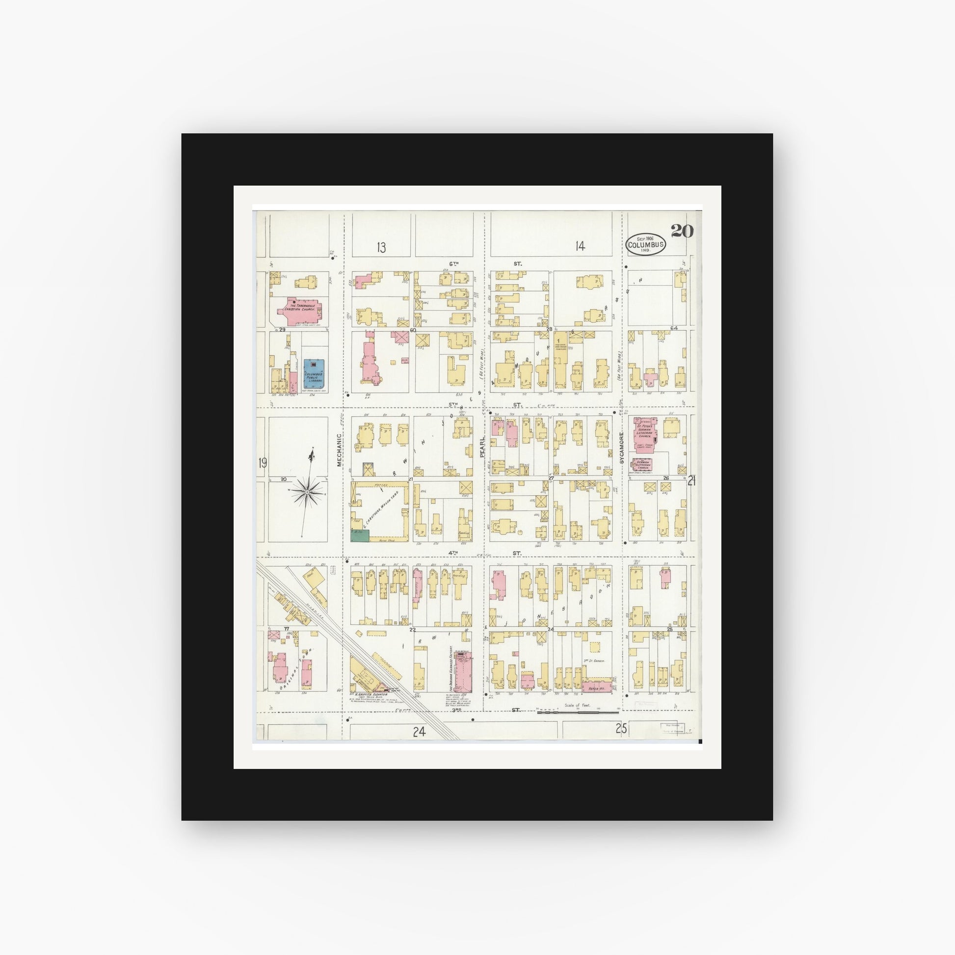 Old map wall art mockup — black gallery frame with white mat — Sanborn Fire Insurance Map from Columbus, Bartholomew County, Indiana (1906), Sheet #0020
