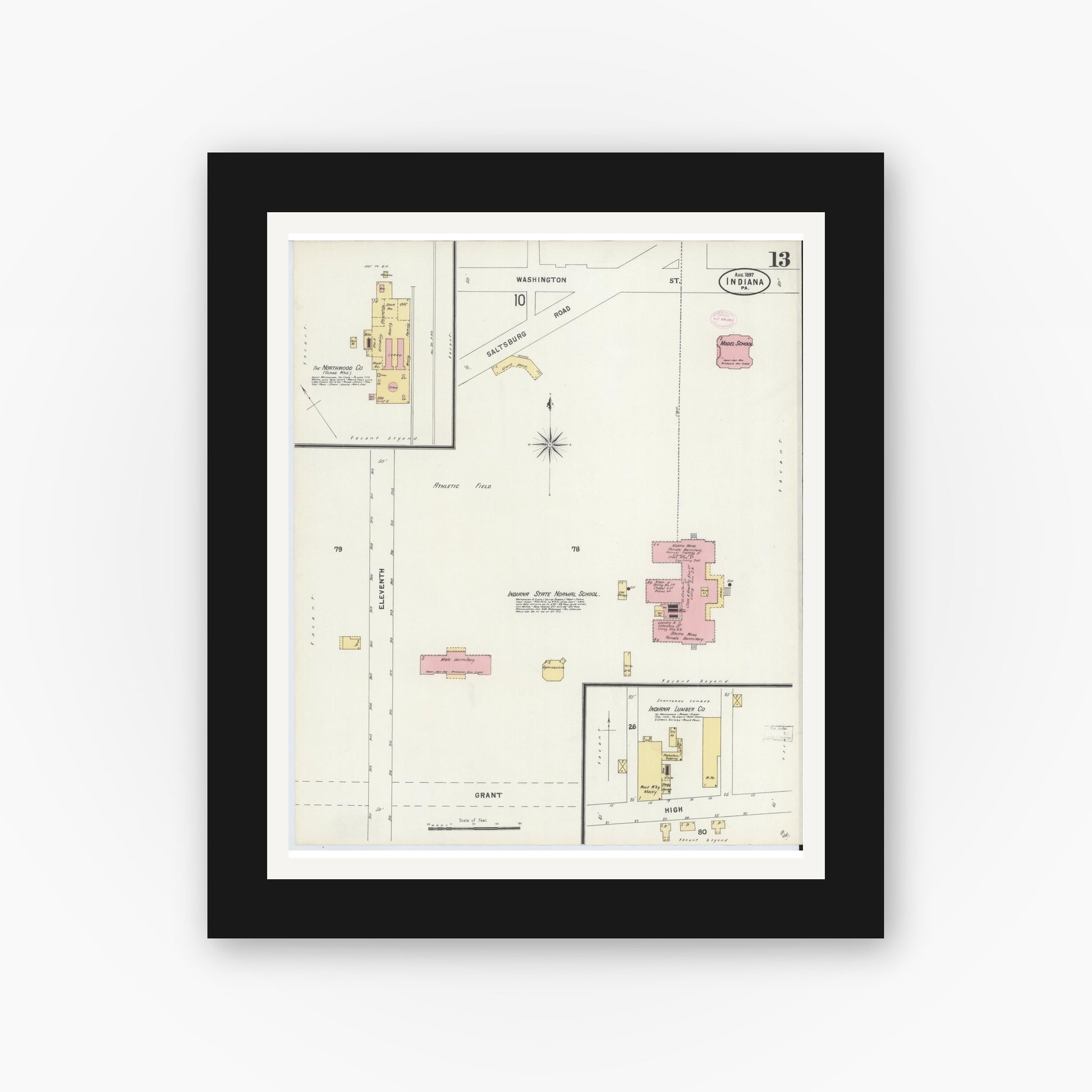 Old map wall art mockup — black gallery frame with white mat — Sanborn Fire Insurance Map from Indiana, Indiana County, Pennsylvania (1888), Sheet #0013