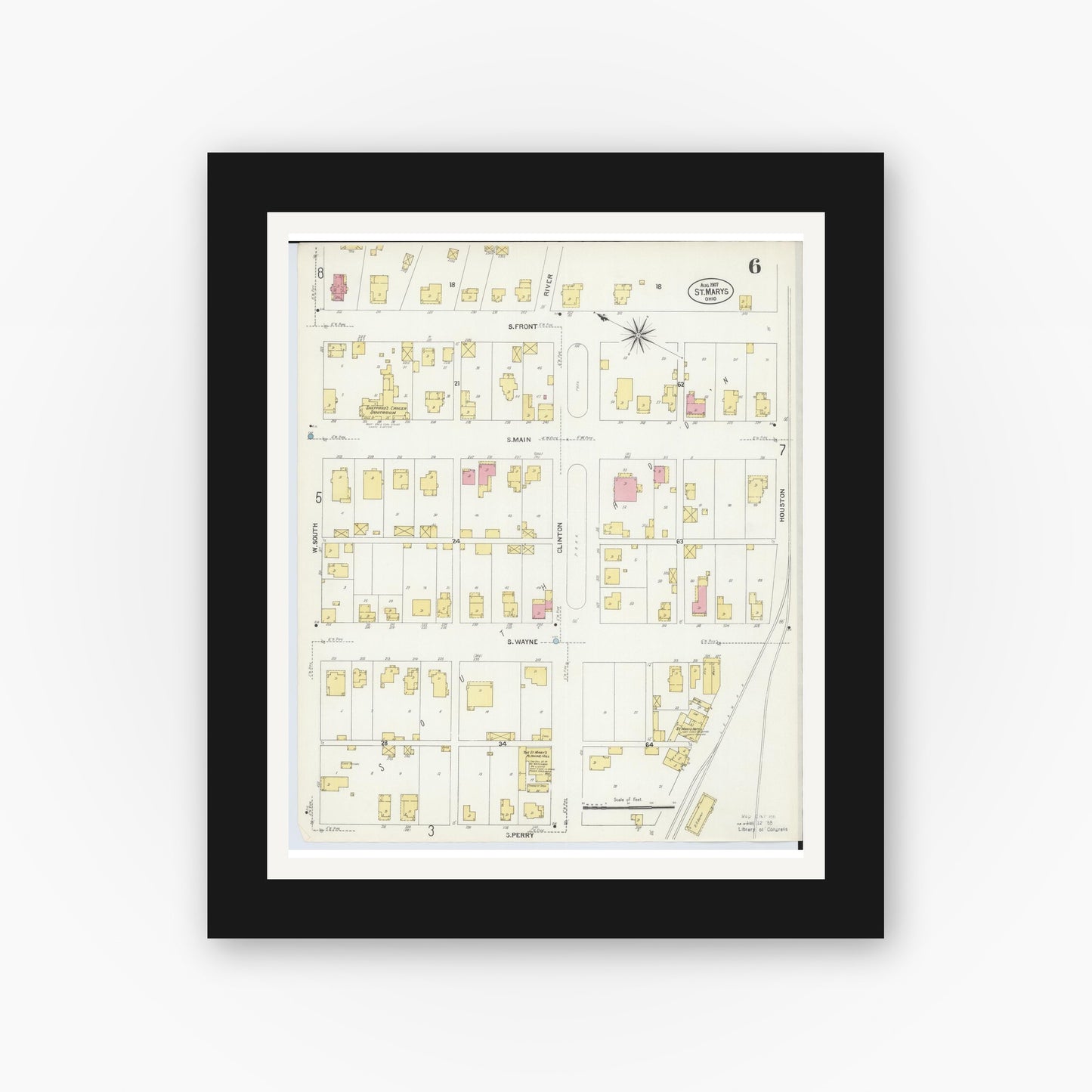 Old map wall art mockup — black gallery frame with white mat — Sanborn Fire Insurance Map from Saint Marys, Auglaize County, Ohio (1907), Sheet #0006