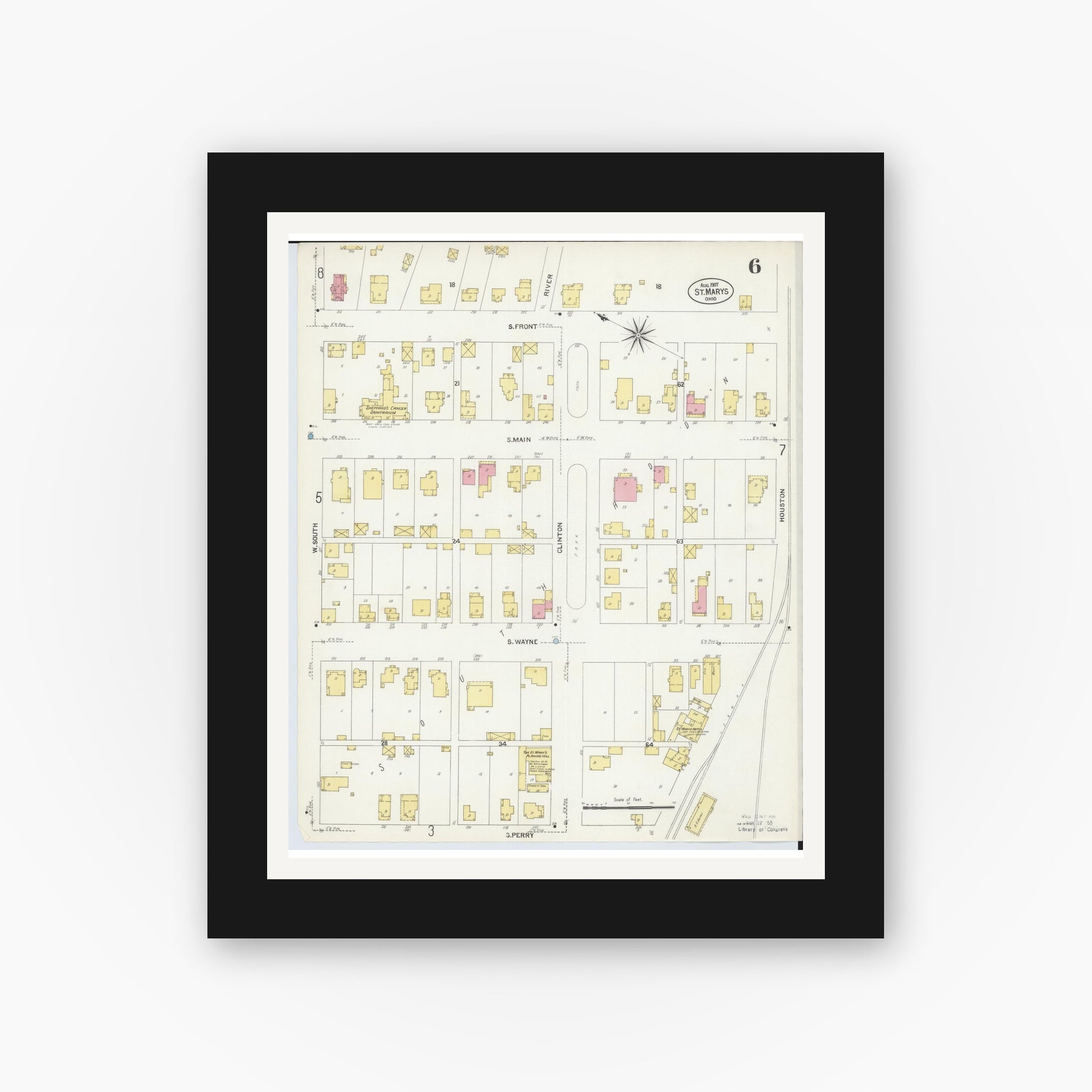 Old map wall art mockup — black gallery frame with white mat — Sanborn Fire Insurance Map from Saint Marys, Auglaize County, Ohio (1907), Sheet #0006
