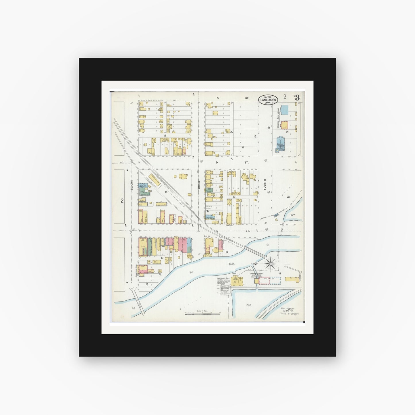 Old map wall art mockup — black gallery frame with white mat — Sanborn Fire Insurance Map from Lanesboro, Fillmore County, Minnesota (1900), Sheet #0003