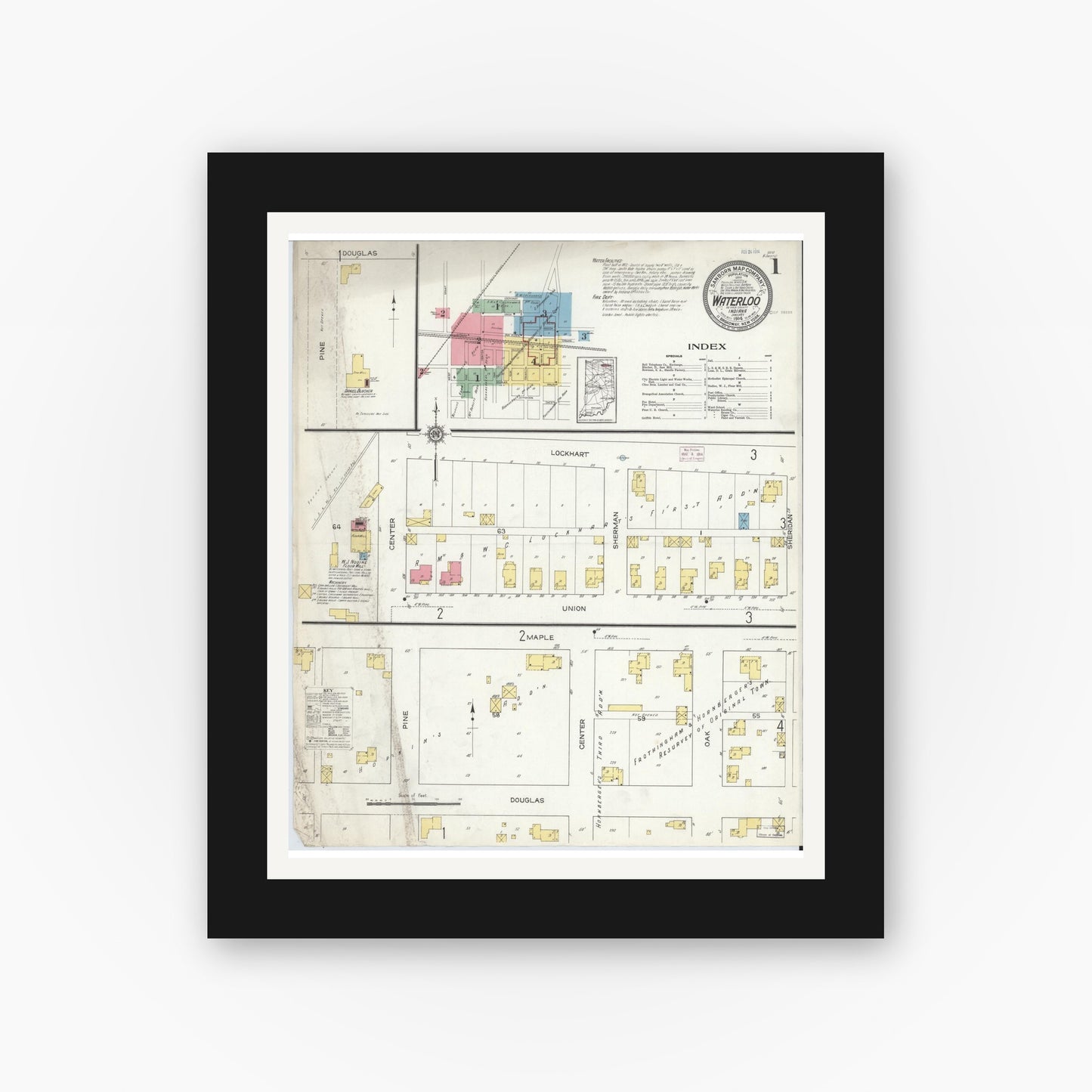 Old map wall art mockup — black gallery frame with white mat — Sanborn Fire Insurance Map from Waterloo, De Kalb County, Indiana (1914), Sheet #0001