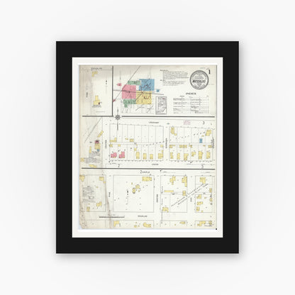 Old map wall art mockup — black gallery frame with white mat — Sanborn Fire Insurance Map from Waterloo, De Kalb County, Indiana (1914), Sheet #0001