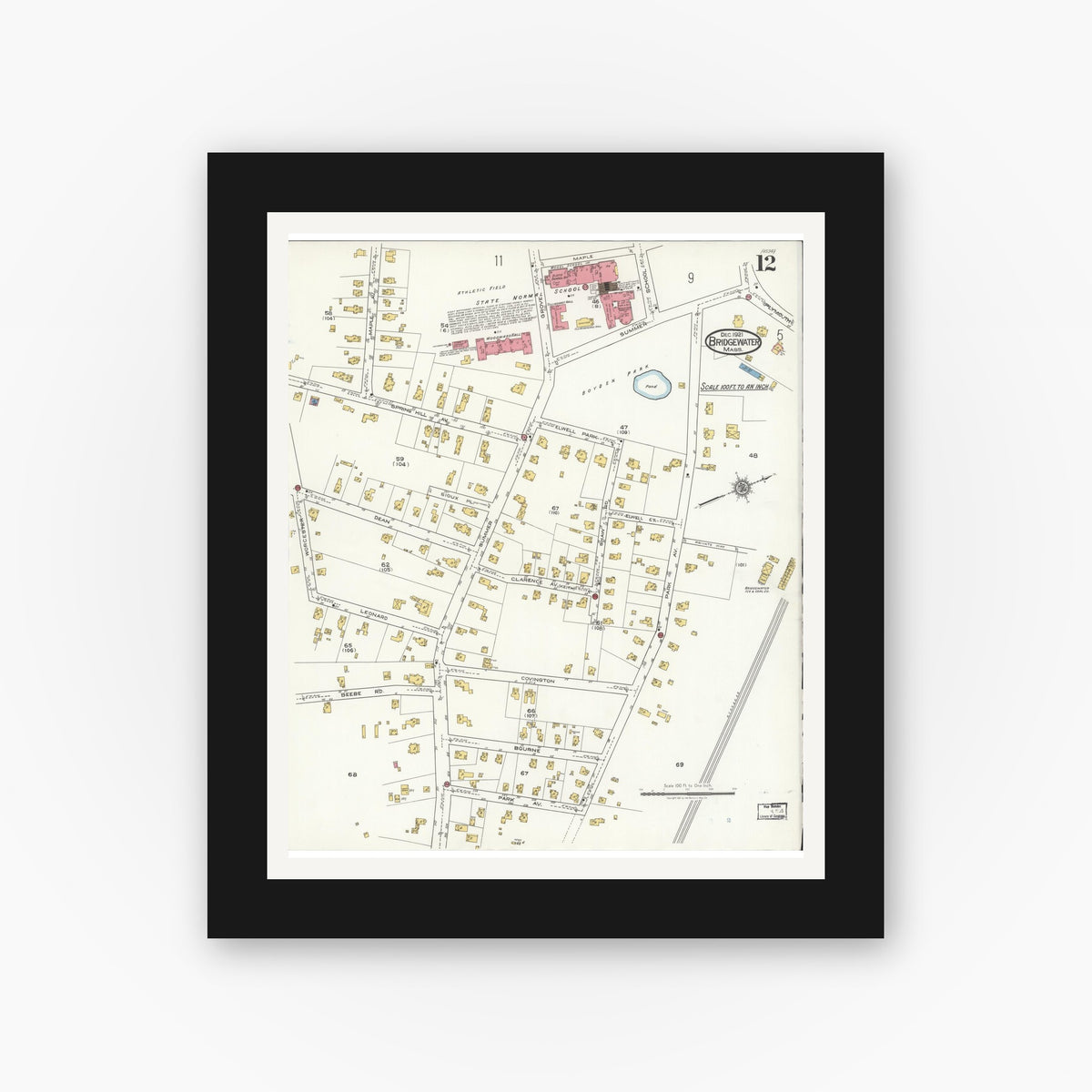 Old map wall art mockup — black gallery frame with white mat — Sanborn Fire Insurance Map from Bridgewater, Plymouth County, Massachusetts (1921), Sheet #0012