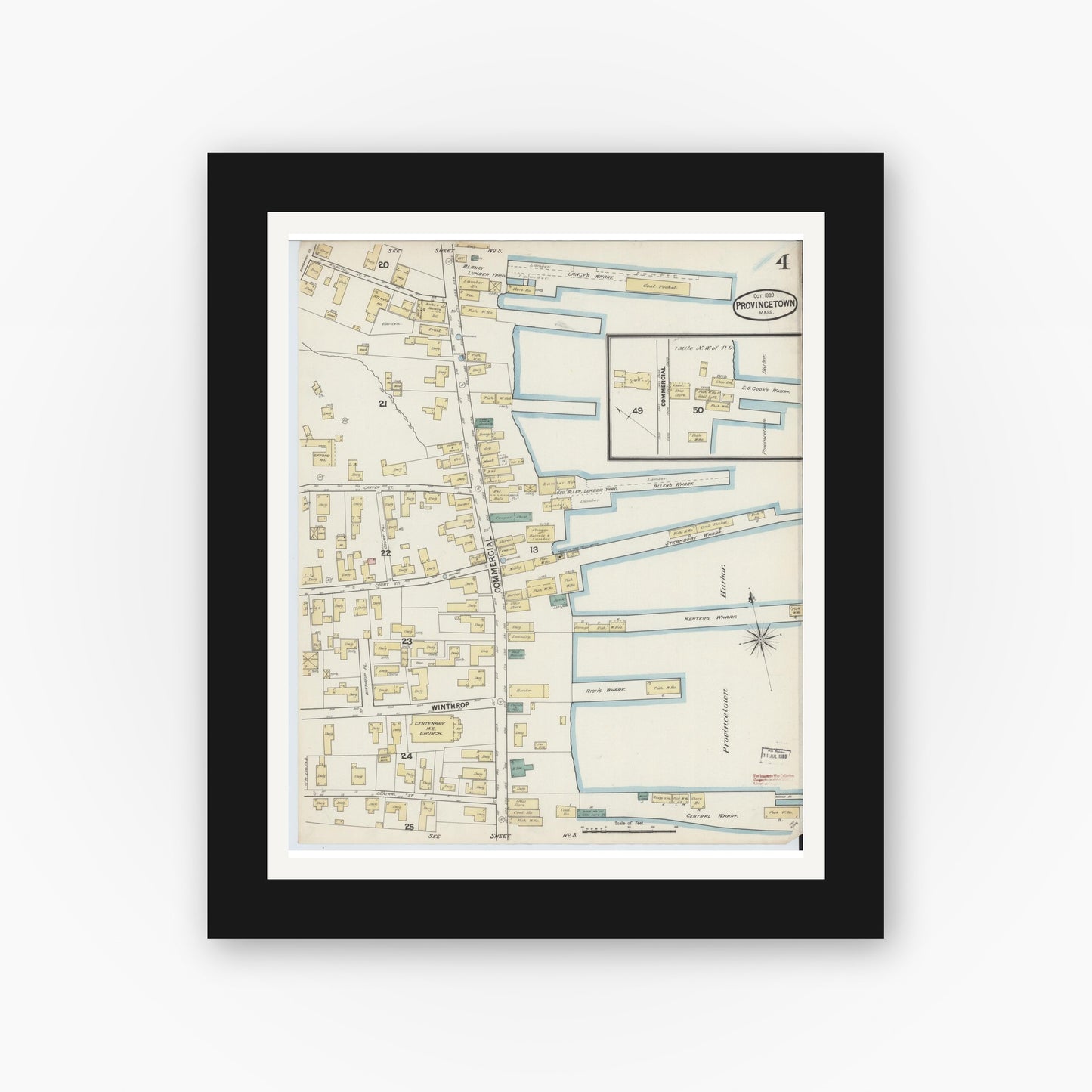 Old map wall art mockup — black gallery frame with white mat — Sanborn Fire Insurance Map from Provincetown, Barnstable County, Massachusetts (1889), Sheet #0004