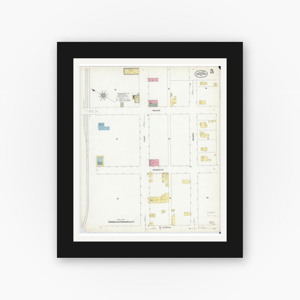 Old map wall art mockup — black gallery frame with white mat — Sanborn Fire Insurance Map from Radford, Independent Cities, Virginia (1908), Sheet #0005