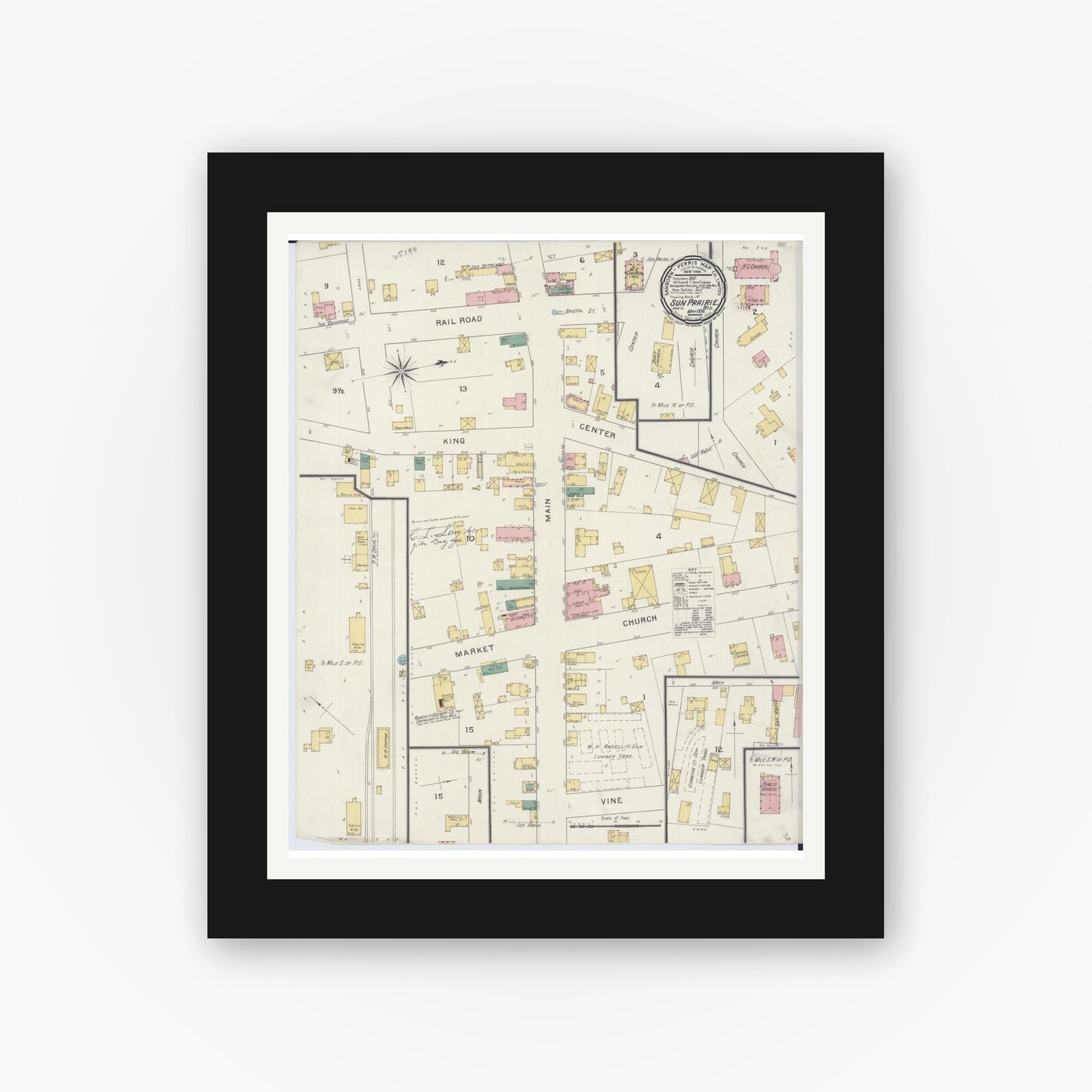 Old map wall art mockup — black gallery frame with white mat — Sanborn Fire Insurance Map from Sun Prairie, Dane County, Wisconsin (1894), Sheet #0001