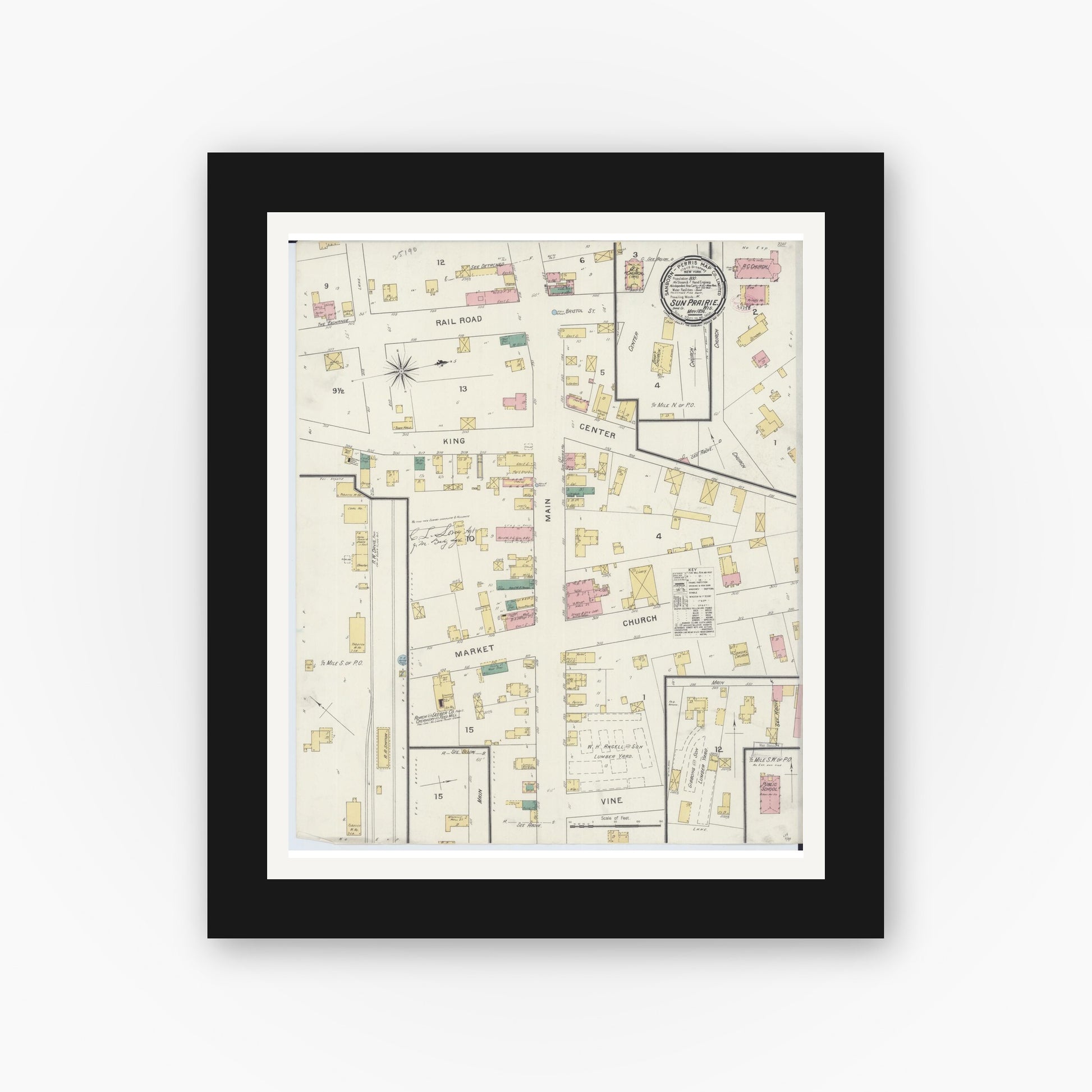 Old map wall art mockup — black gallery frame with white mat — Sanborn Fire Insurance Map from Sun Prairie, Dane County, Wisconsin (1894), Sheet #0001