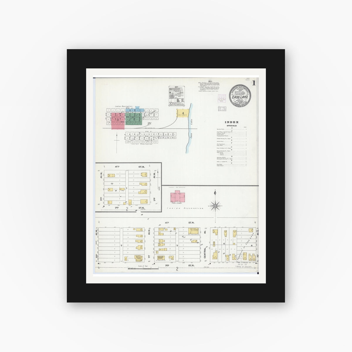 Old map wall art mockup — black gallery frame with white mat — Sanborn Fire Insurance Map from Cass Lake, Cass County, Minnesota (1904) - Complete Map Set