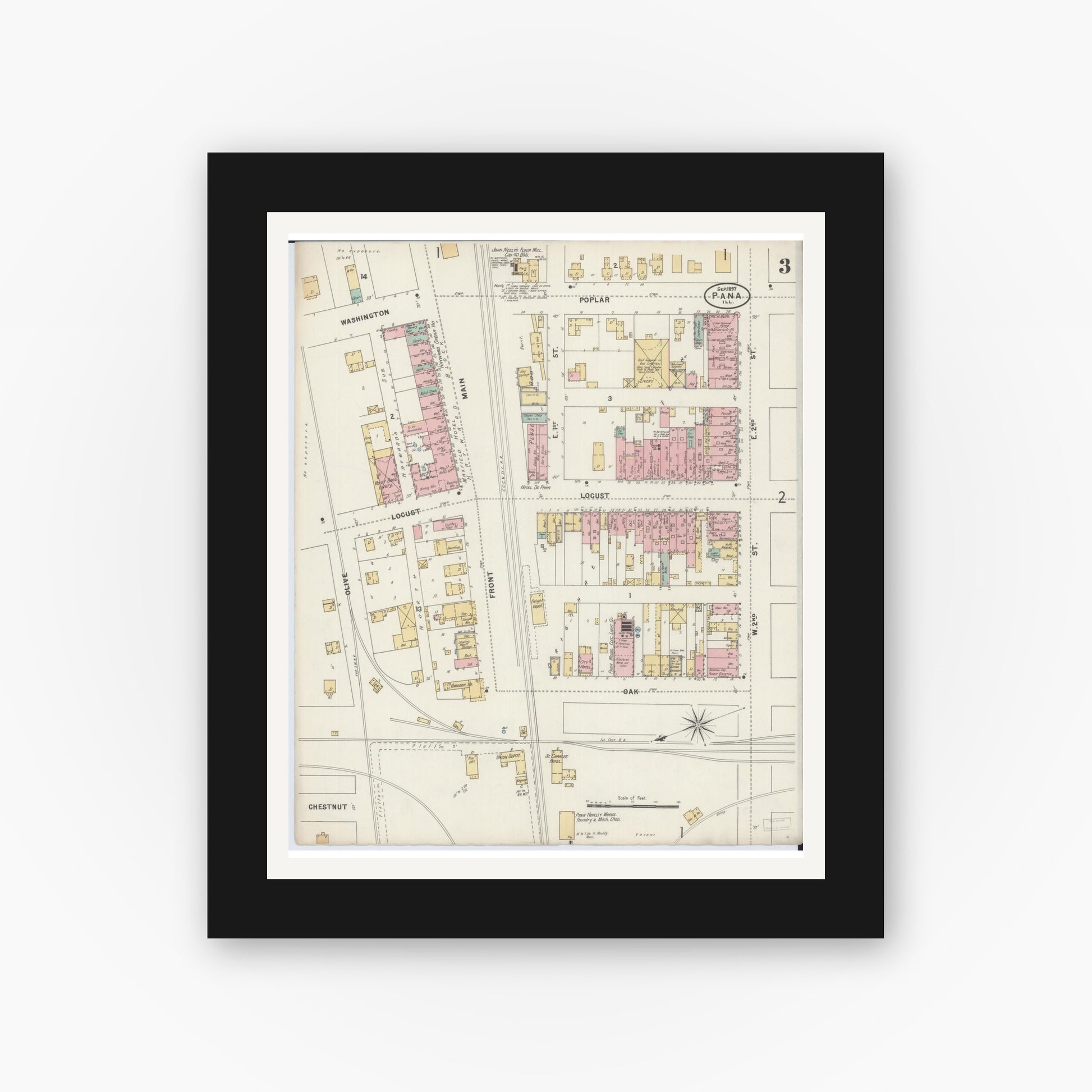 Old map wall art mockup — black gallery frame with white mat — Sanborn Fire Insurance Map from Pana, Christian County, Illinois (1897), Sheet #0003
