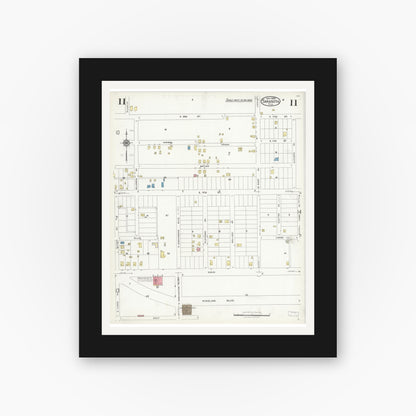 Old map wall art mockup — black gallery frame with white mat — Sanborn Fire Insurance Map from Sarasota, Sarasota County, Florida (1925), Sheet #0011