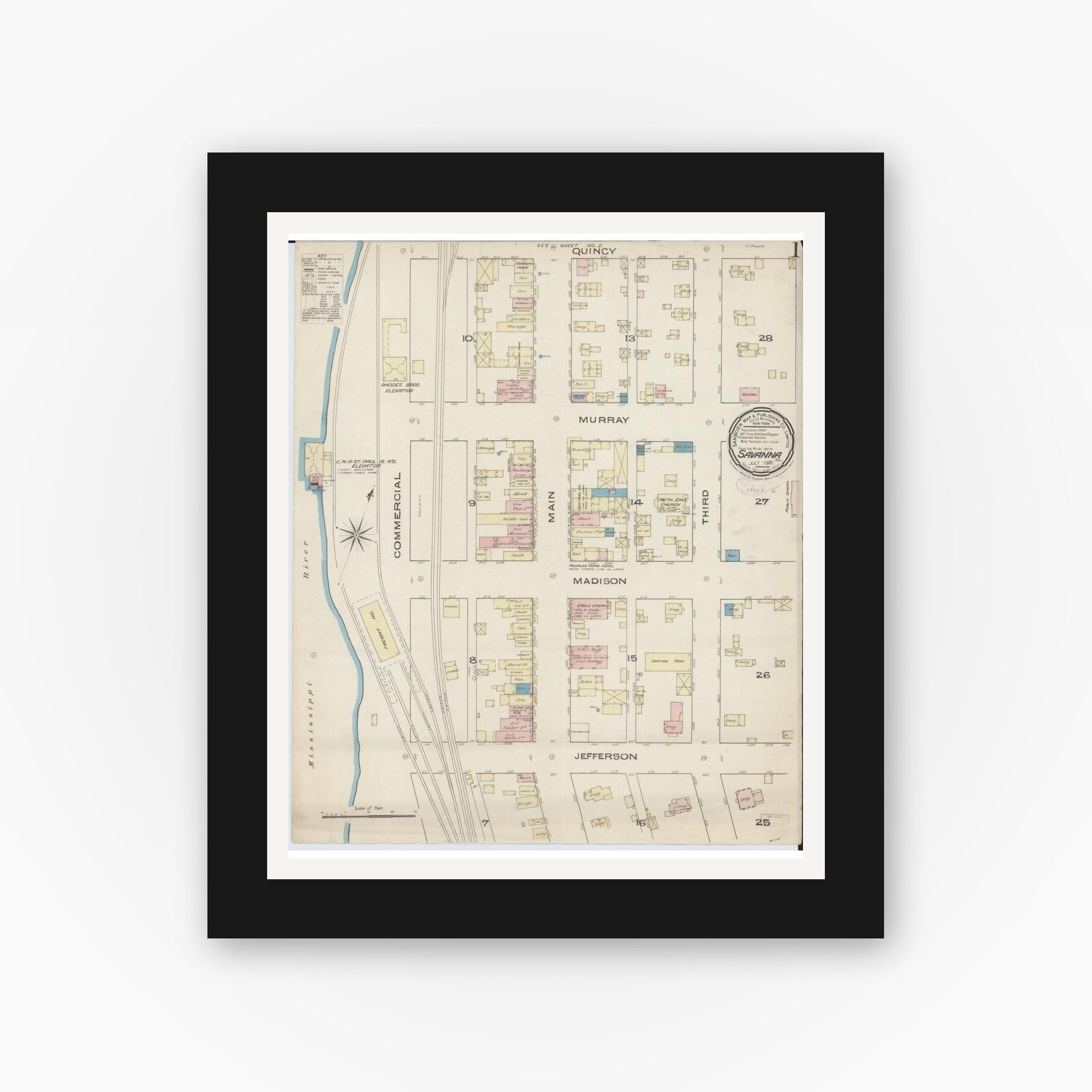 Old map wall art mockup — black gallery frame with white mat — Sanborn Fire Insurance Map from Savanna, Carroll County, Illinois (1885) - Complete Map Set