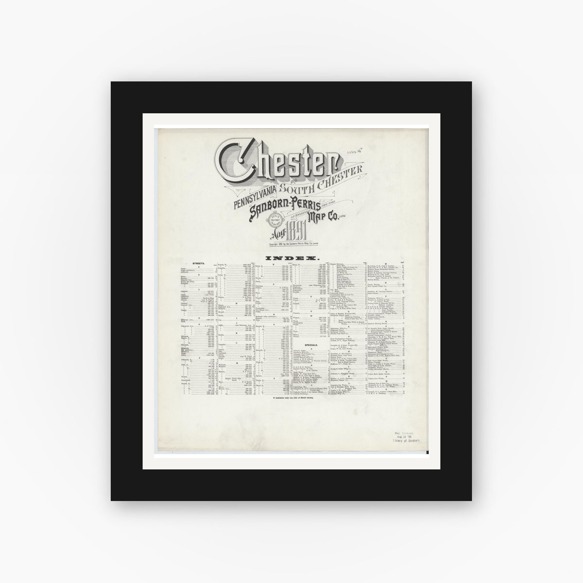Old map wall art mockup — black gallery frame with white mat — Sanborn Fire Insurance Map from Chester, Delaware County, Pennsylvania (1891), Sheet #0001