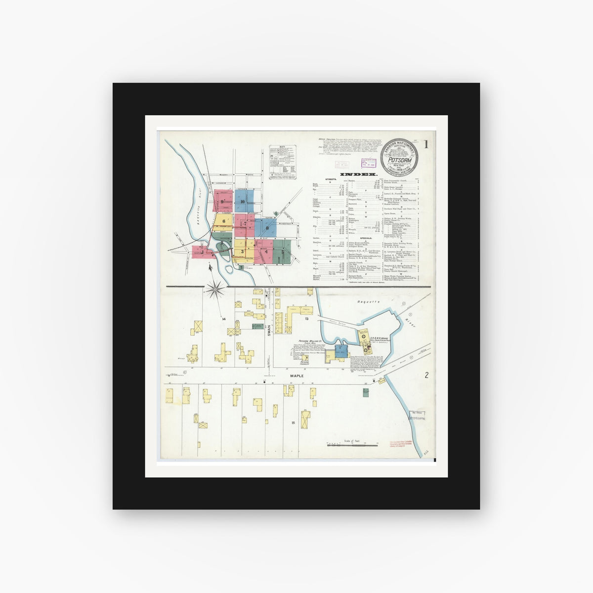 Old map wall art mockup — black gallery frame with white mat — Sanborn Fire Insurance Map from Potsdam, St. Lawrence County, New York (1909) - Complete Map Set