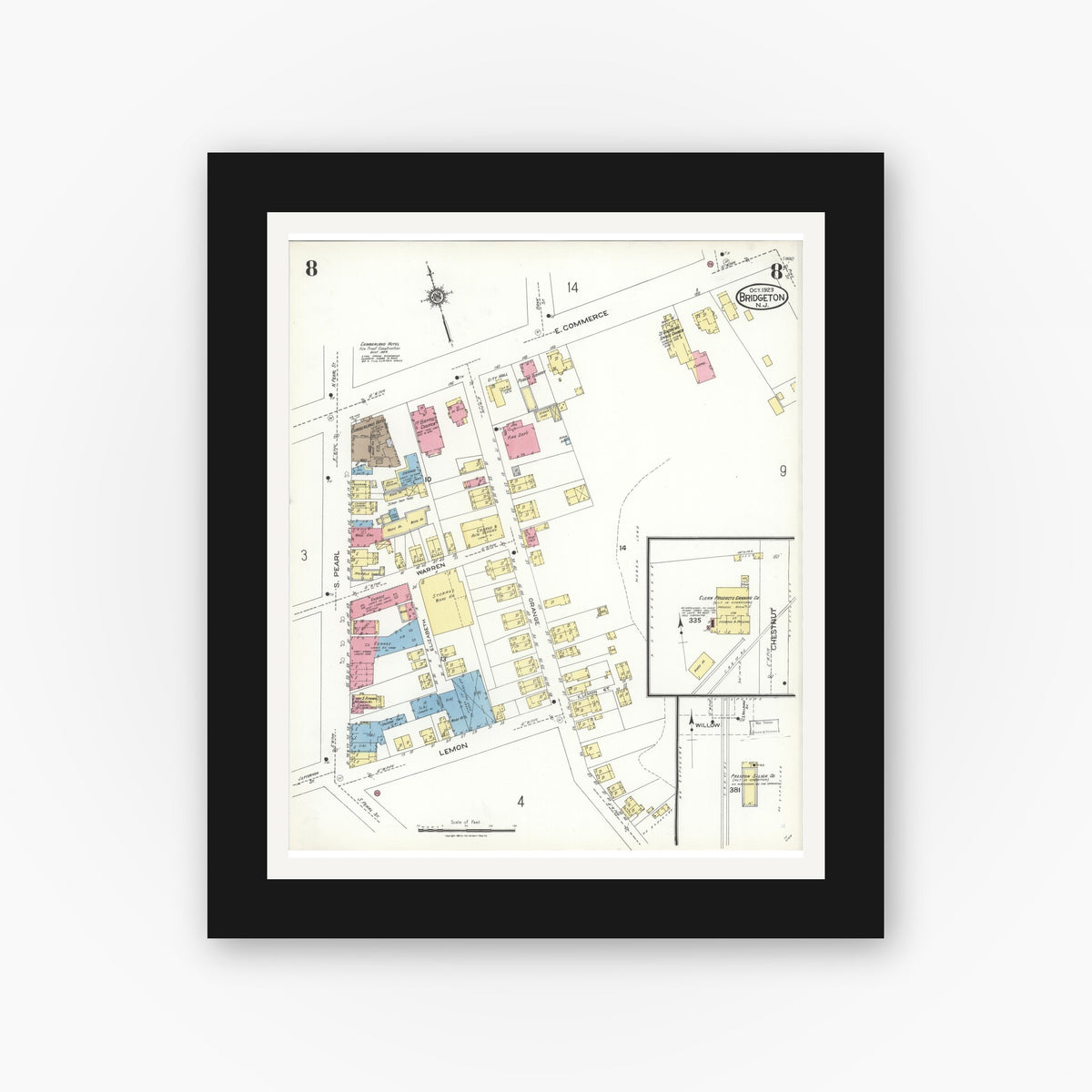 Old map wall art mockup — black gallery frame with white mat — Sanborn Fire Insurance Map from Bridgeton, Cumberland County, New Jersey (1923), Sheet #0008