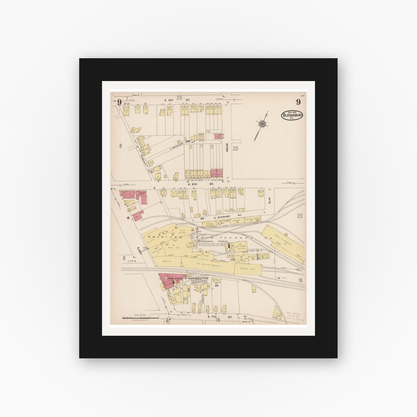 Old map wall art mockup — black gallery frame with white mat — Sanborn Fire Insurance Map from Bloomsburg, Columbia County, Pennsylvania (1922), Sheet #0009